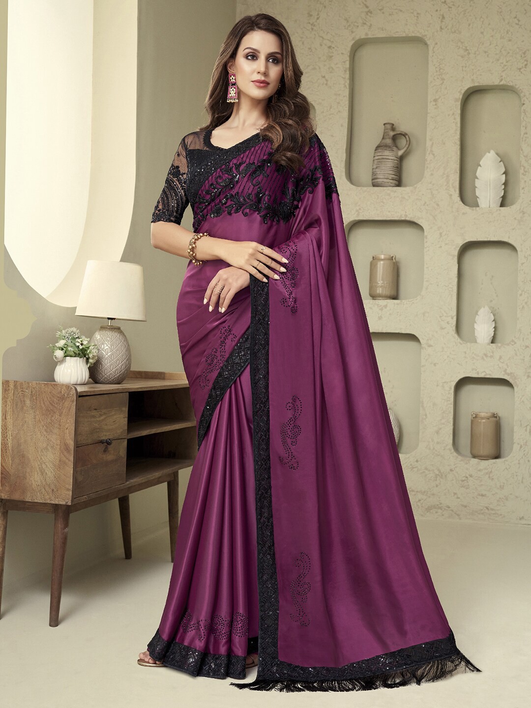 

Mitera Purple & Black Embellished Beads and Stones Satin Saree