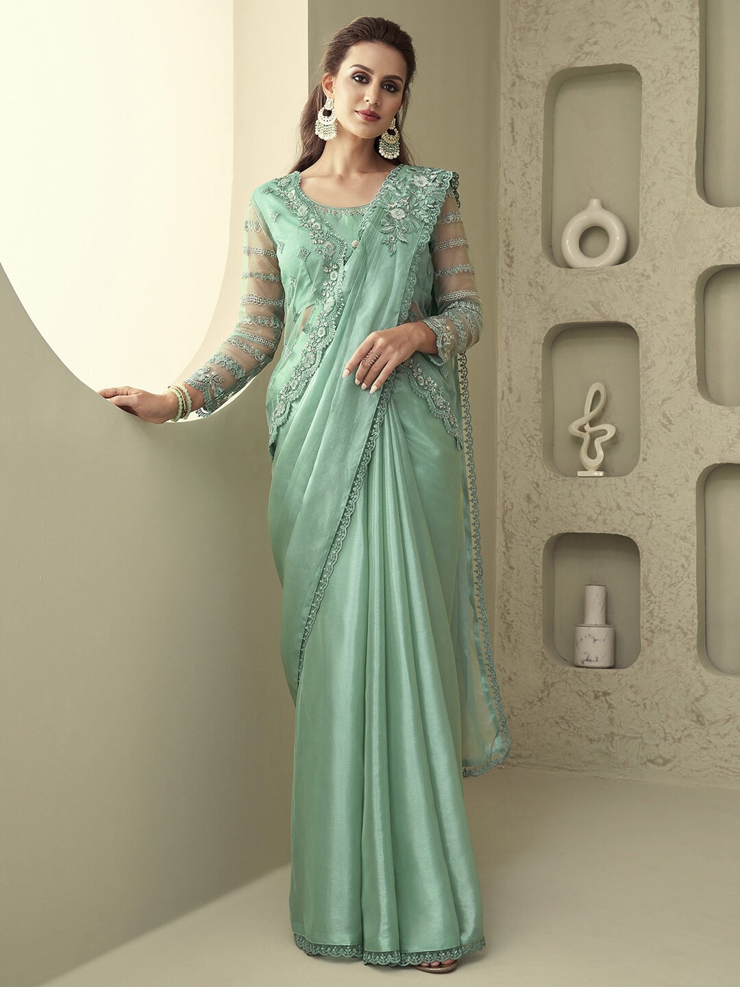 

Mitera Turquoise Blue Embellished Satin Saree with Jacket with Blouse