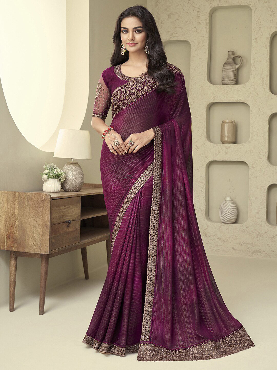 

Mitera Purple Striped Embroidered Poly Georgette Saree
