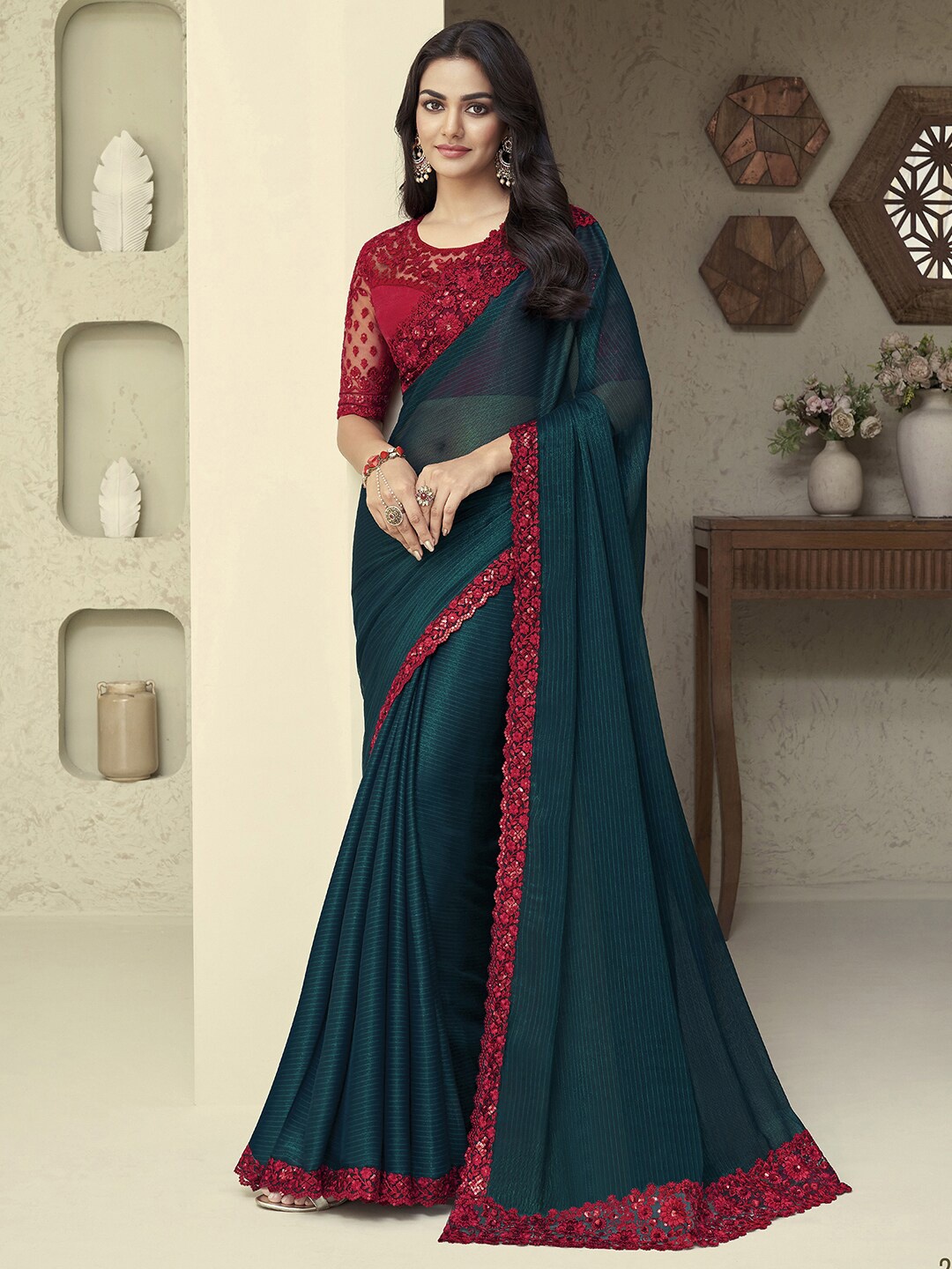 

Mitera Teal & Red Striped Sequinned Pure Chiffon Saree