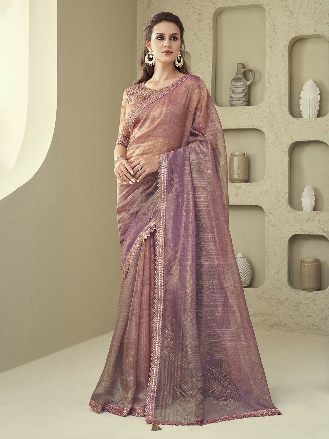 

Mitera Rose Gold & Gold-Toned Sequinned Pure Linen Saree