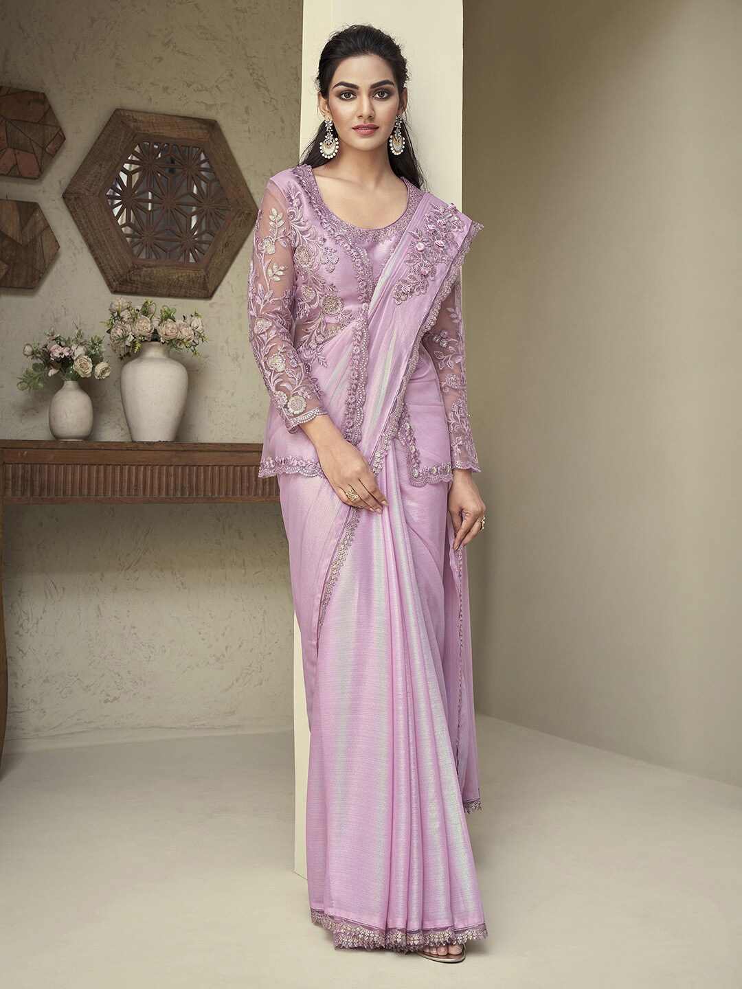 

Mitera Pink Embroidered Georgette Saree