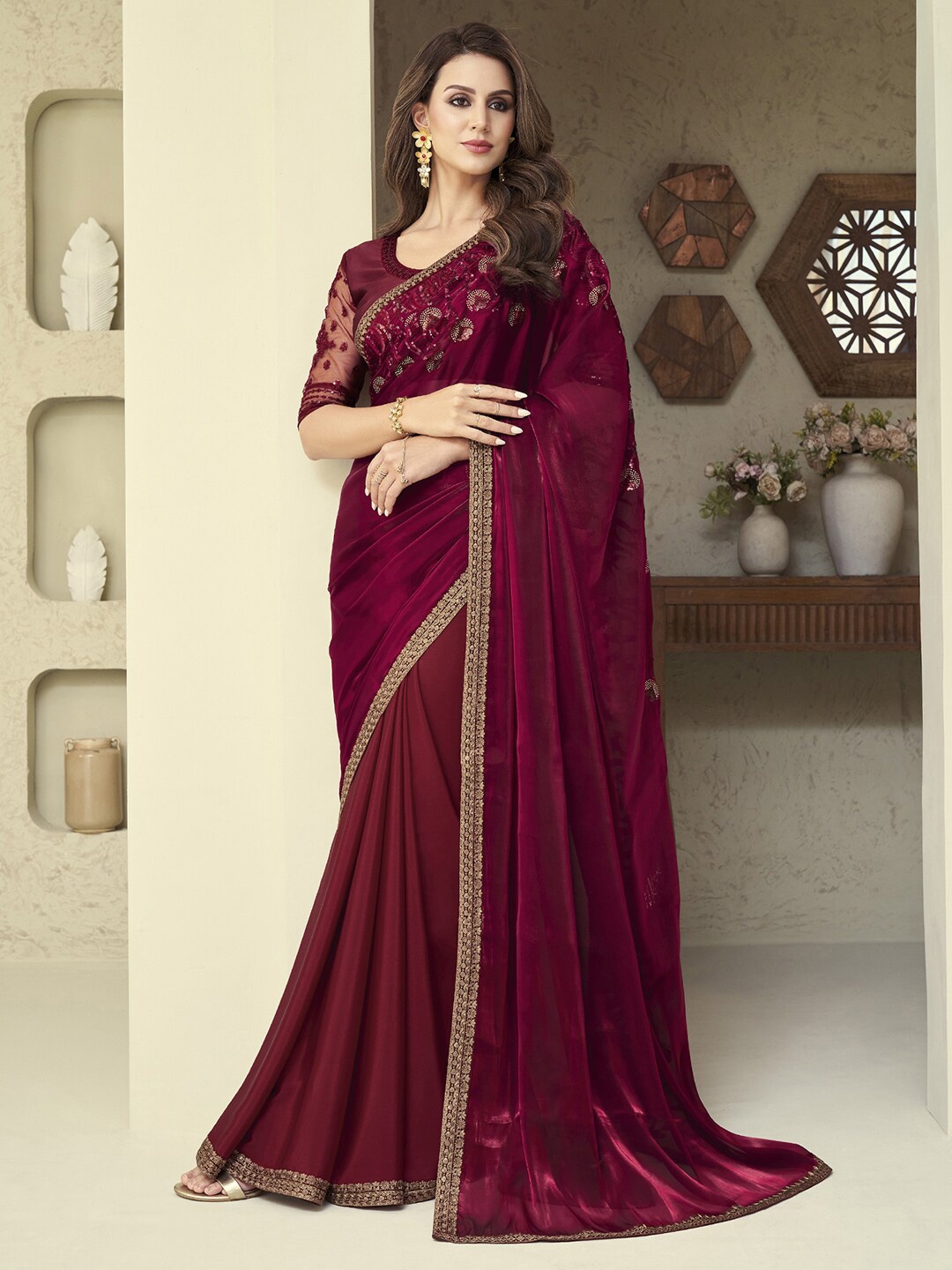 

Mitera Magenta Embroidered Silk Blend Saree