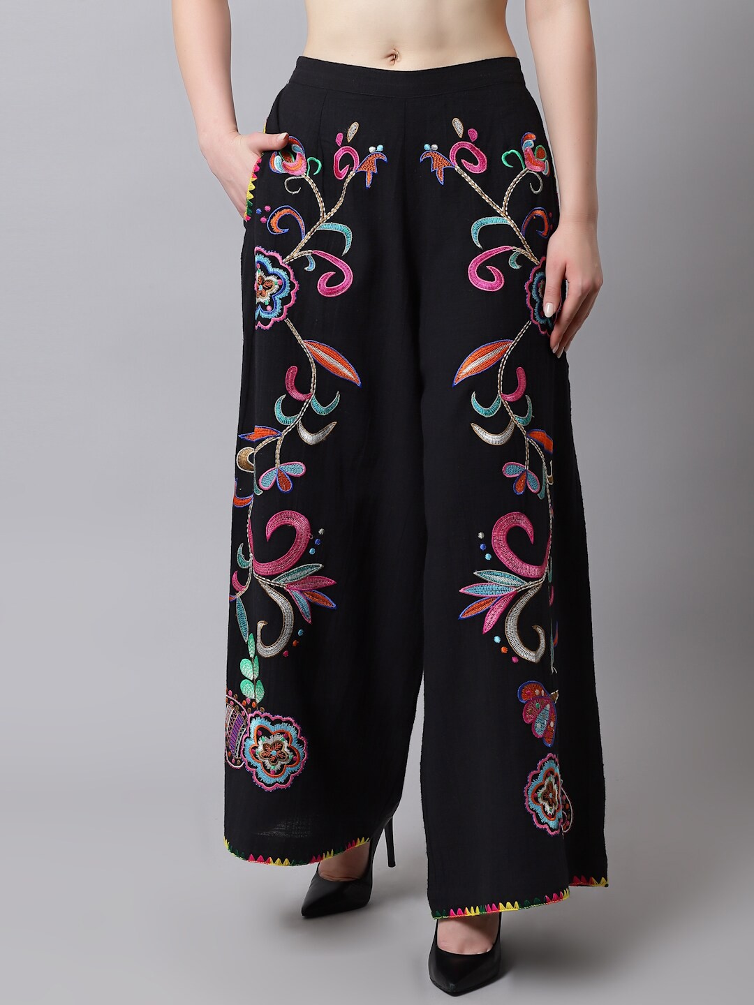 

Just Wow Women Floral Embroidered Cotton Knitted Palazzos, Black