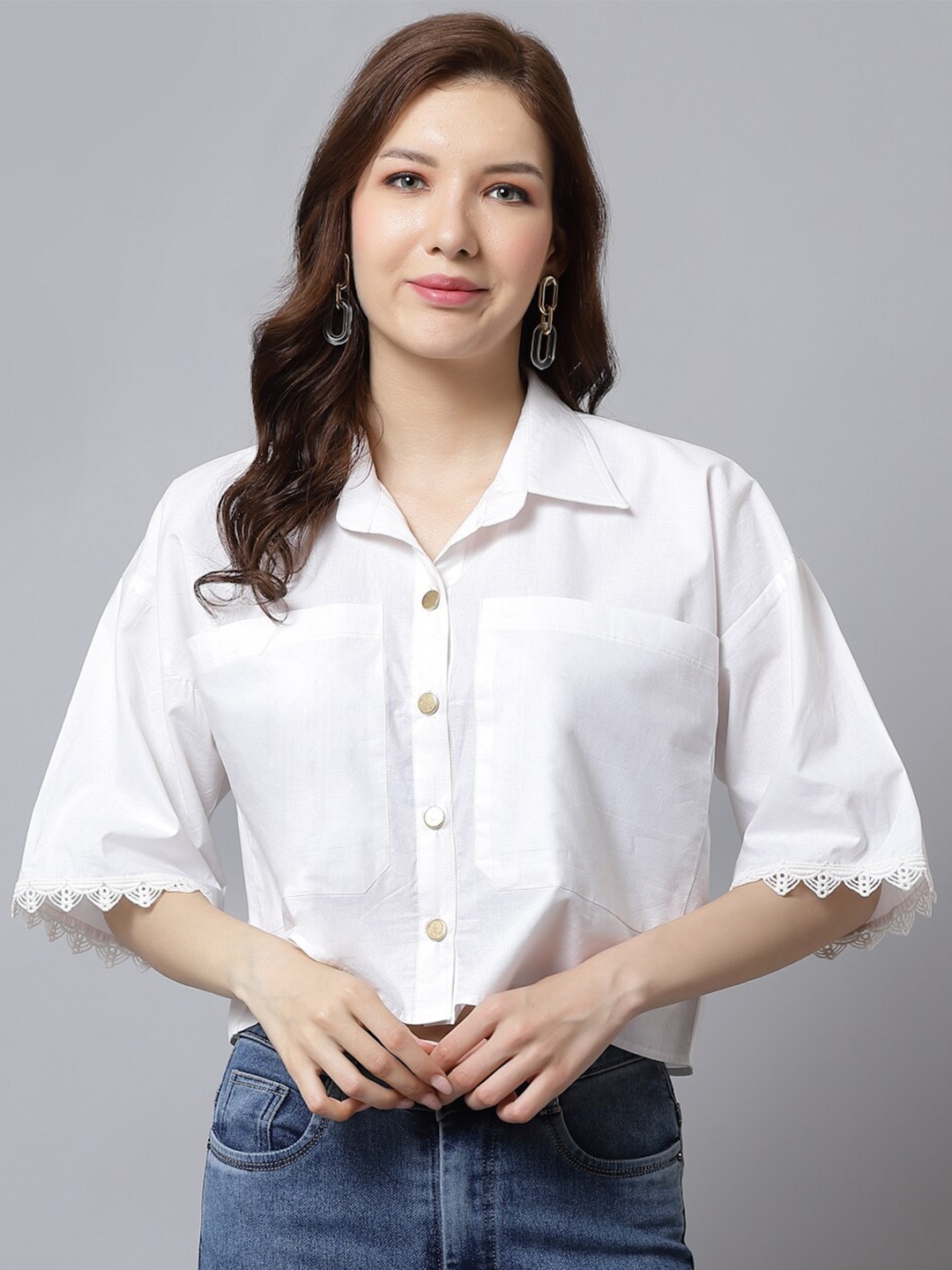 

Just Wow Drop Shoulder Sleeves Shirt Style Cotton Crop Top, White