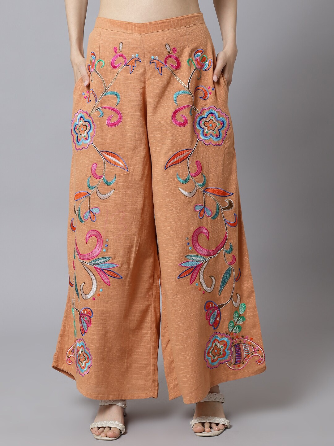 

Just Wow Women Floral Embroidered Cotton Knitted Palazzos, Orange