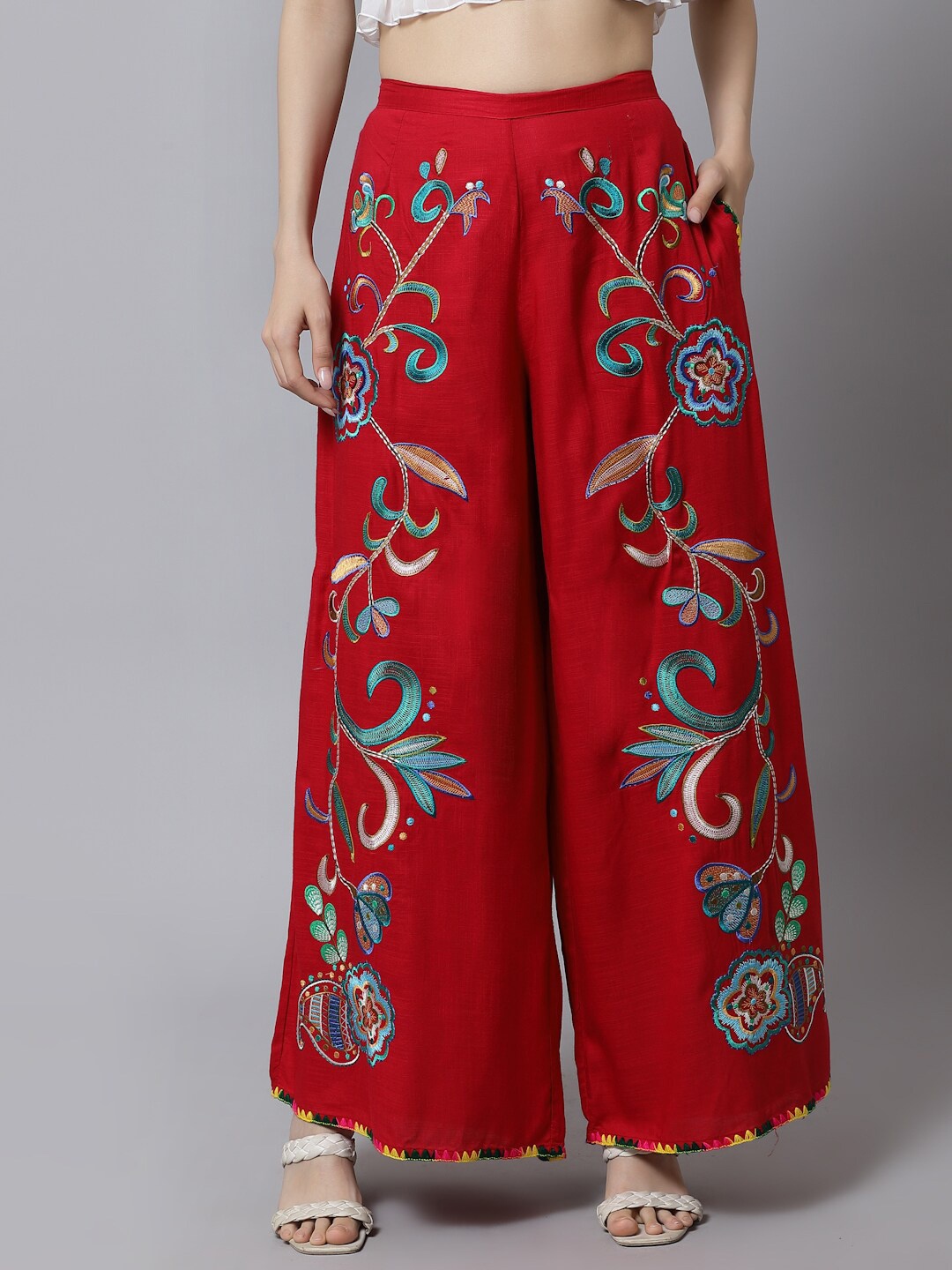 

Just Wow Women Floral Embroidered Cotton Knitted Palazzos, Pink