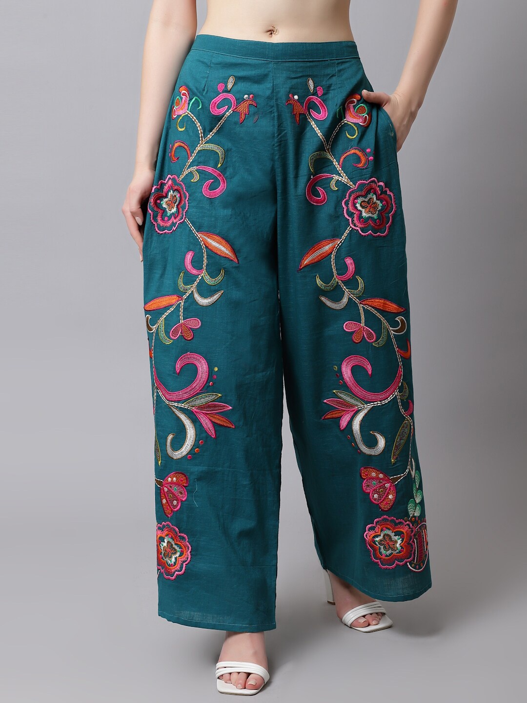 

Just Wow Women Floral Embroidered Cotton Knitted Palazzos, Turquoise blue