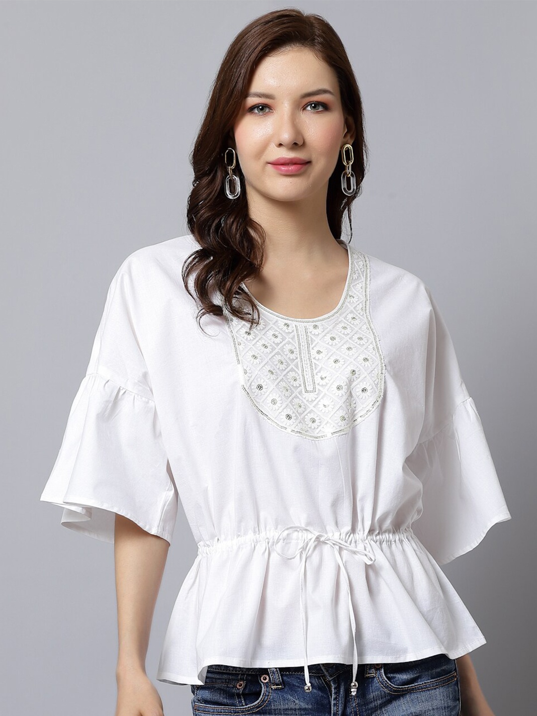 

Just Wow Floral Embroidered Bell Sleeves Cotton Cinched Waist Top, White