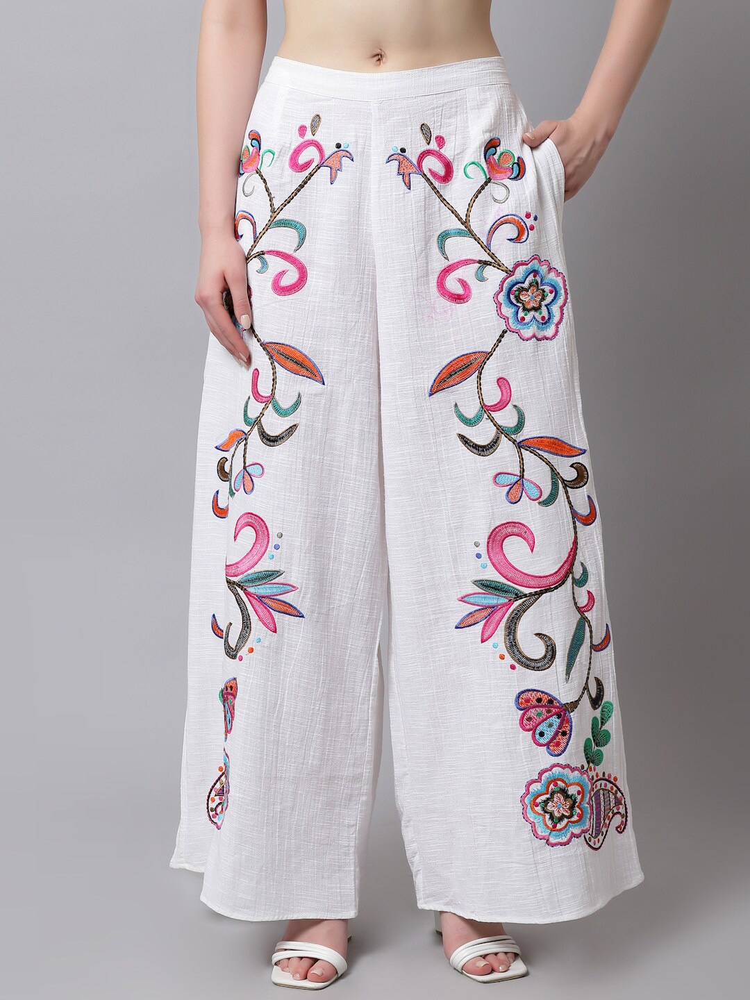 

Just Wow Women Floral Embroidered Cotton Knitted Palazzos, White