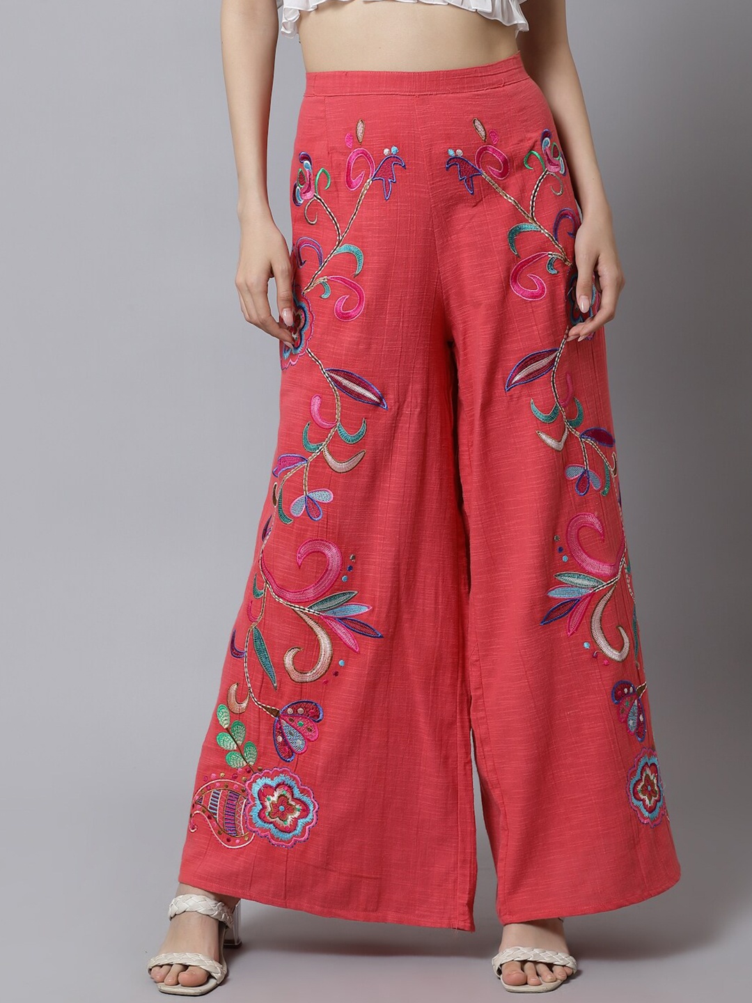 

Just Wow Women Floral Embroidered Cotton Knitted Palazzos, Orange