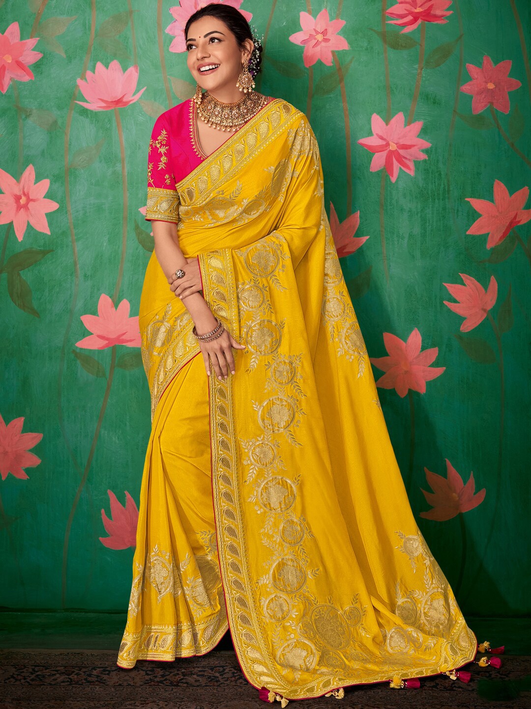 

Mitera Yellow & Gold-Toned Embellished Embroidered Silk Blend Saree