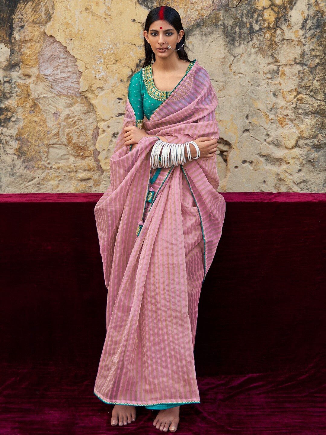 

Mitera Mauve & Blue Striped Organza Saree