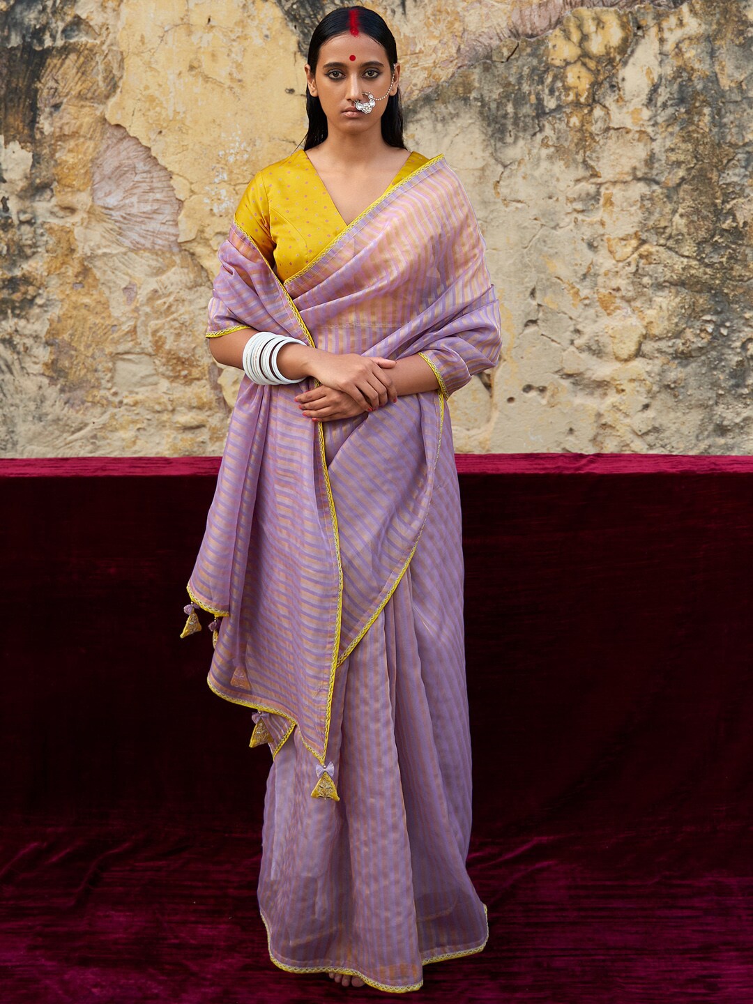 

Mitera Lavender & Yellow Striped Organza Saree