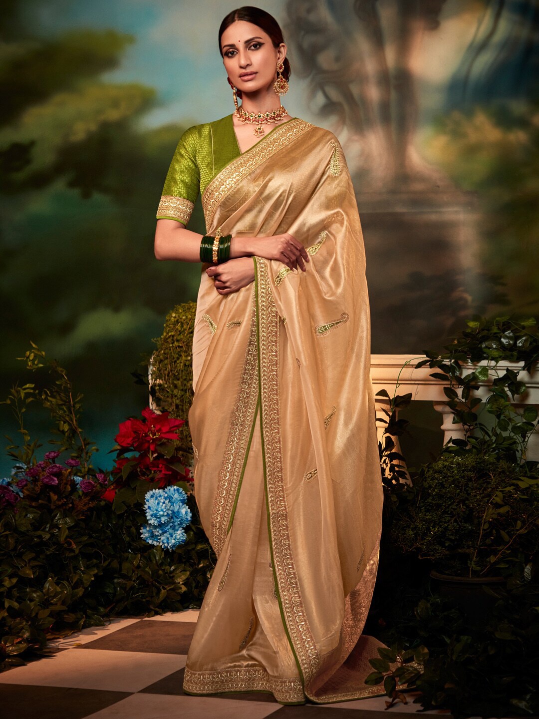 

Mitera Cream-Coloured & Green Embellished Embroidered Silk Blend Saree