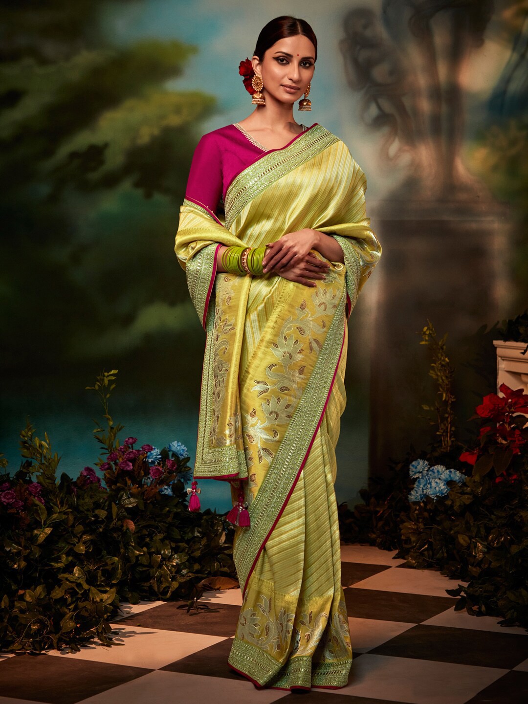 

Mitera Green & Pink Striped Embroidered Silk Blend Banarasi Saree