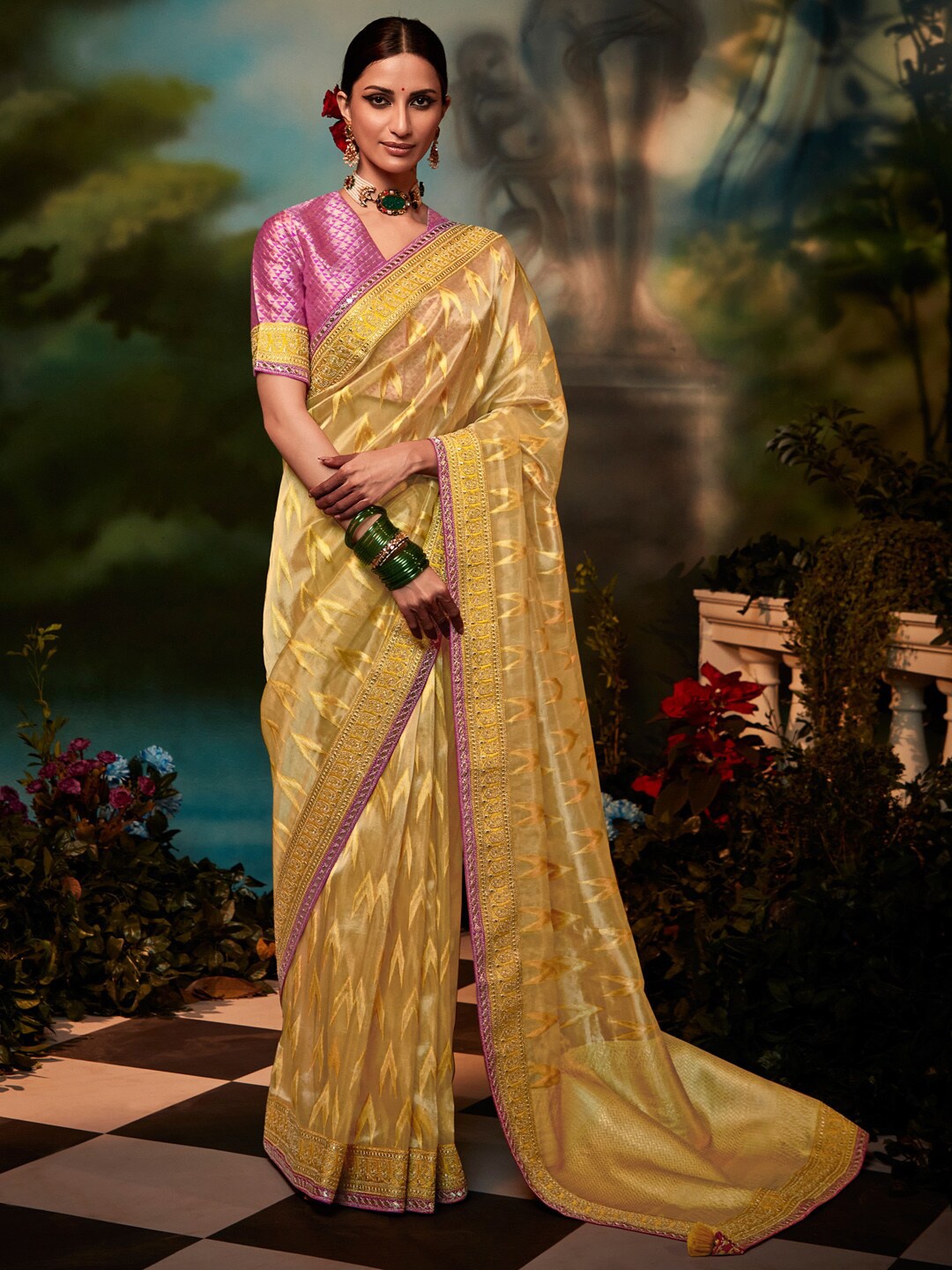 

Mitera Yellow & Pink Woven Design Embroidered Organza Banarasi Saree
