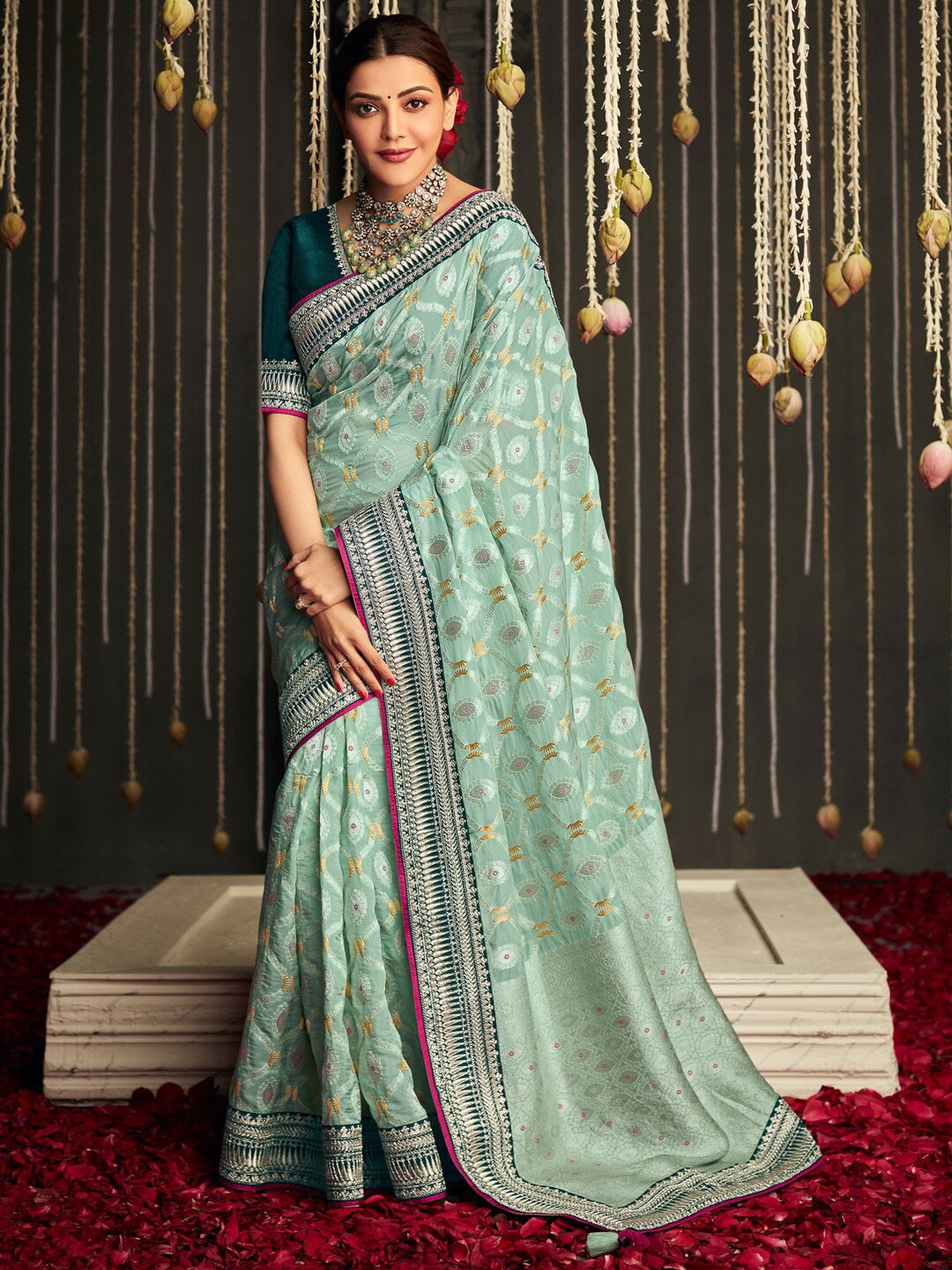 

Mitera Turquoise Blue & Gold-Toned Woven Design Sequinned Silk Blend Banarasi Saree