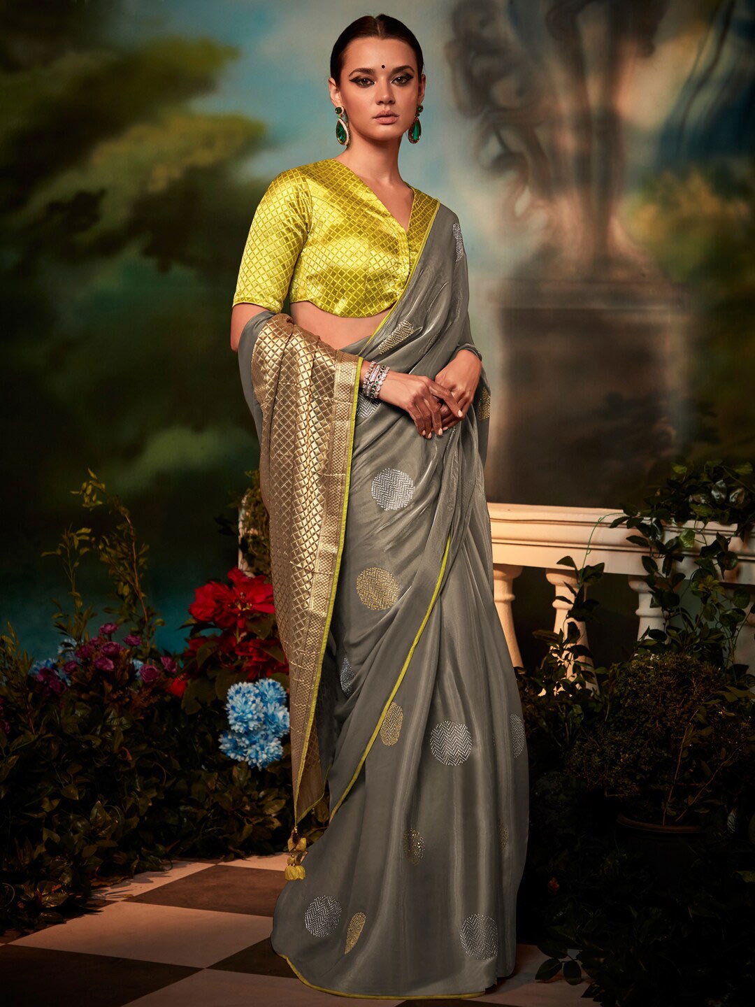 

Mitera Grey & Green Embellished Pure Georgette Saree