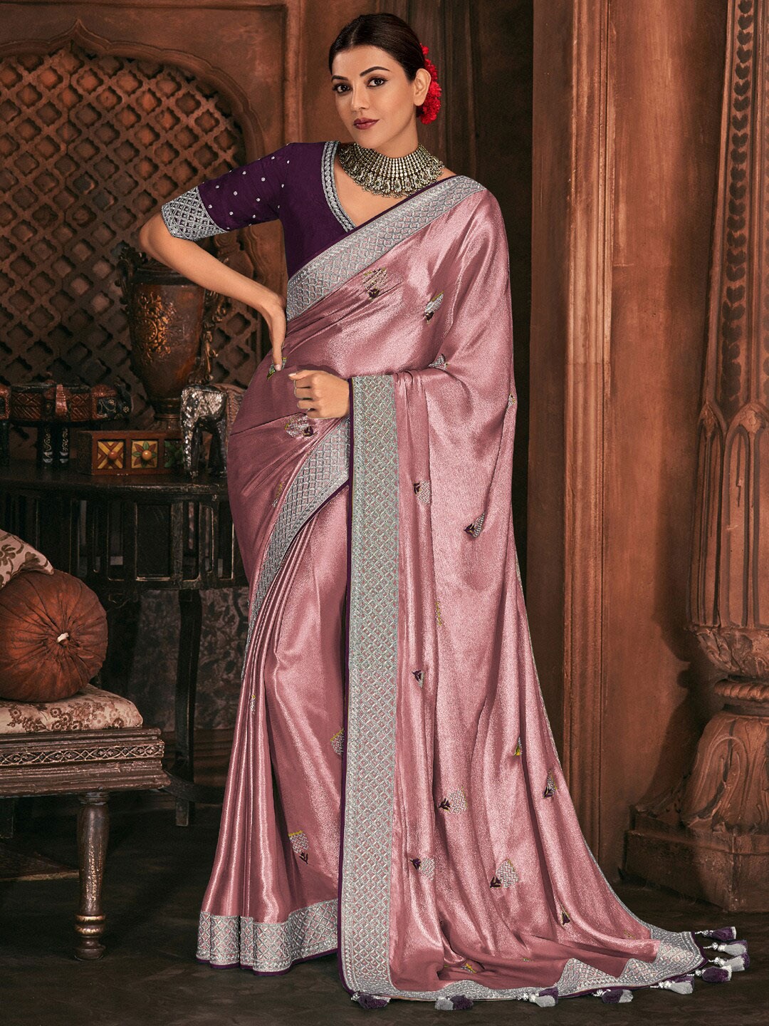

Mitera Pink & Purple Embellished Embroidered Satin Saree