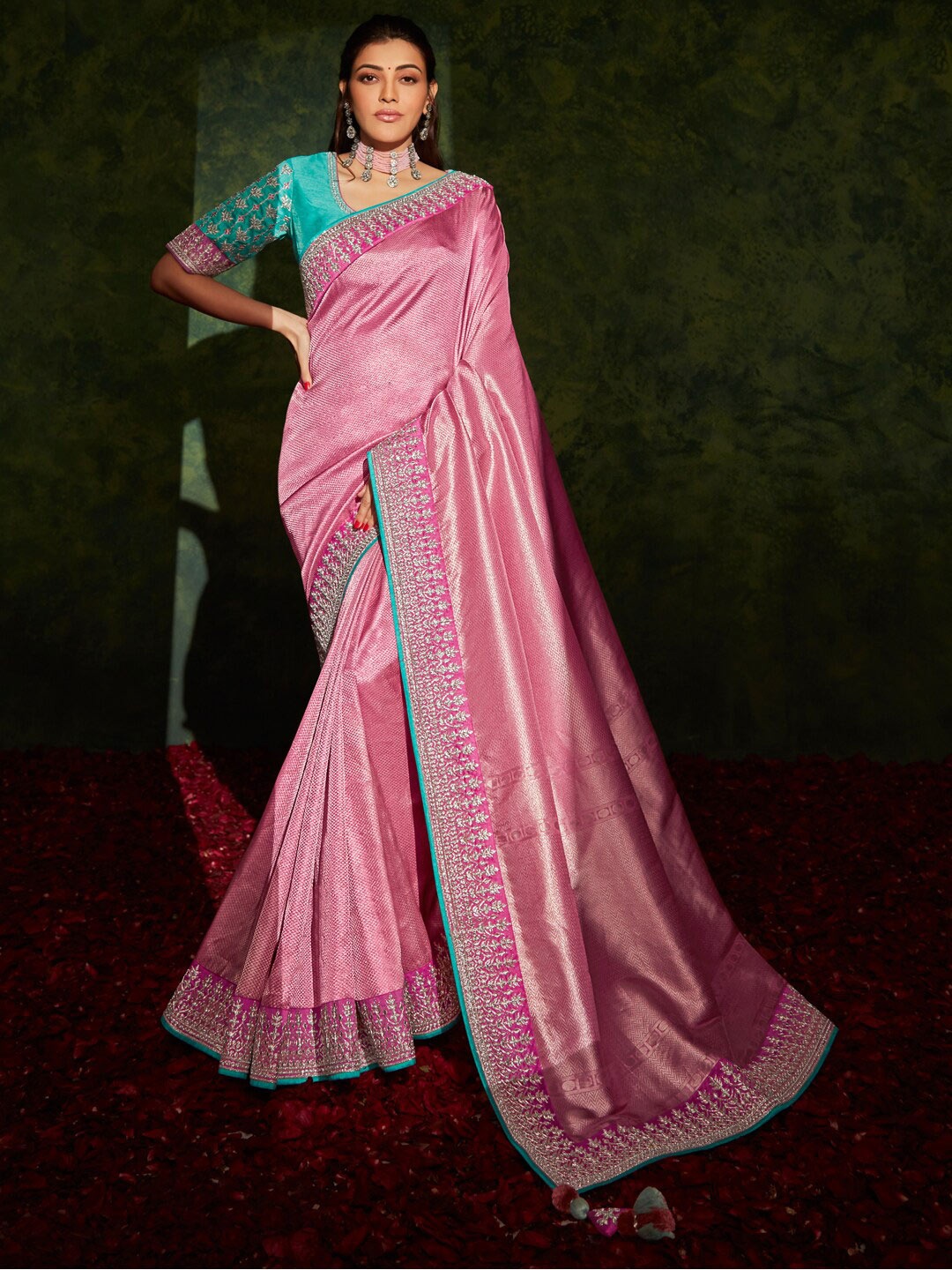 

Mitera Pink & Blue Embellished Embroidered Silk Blend Saree