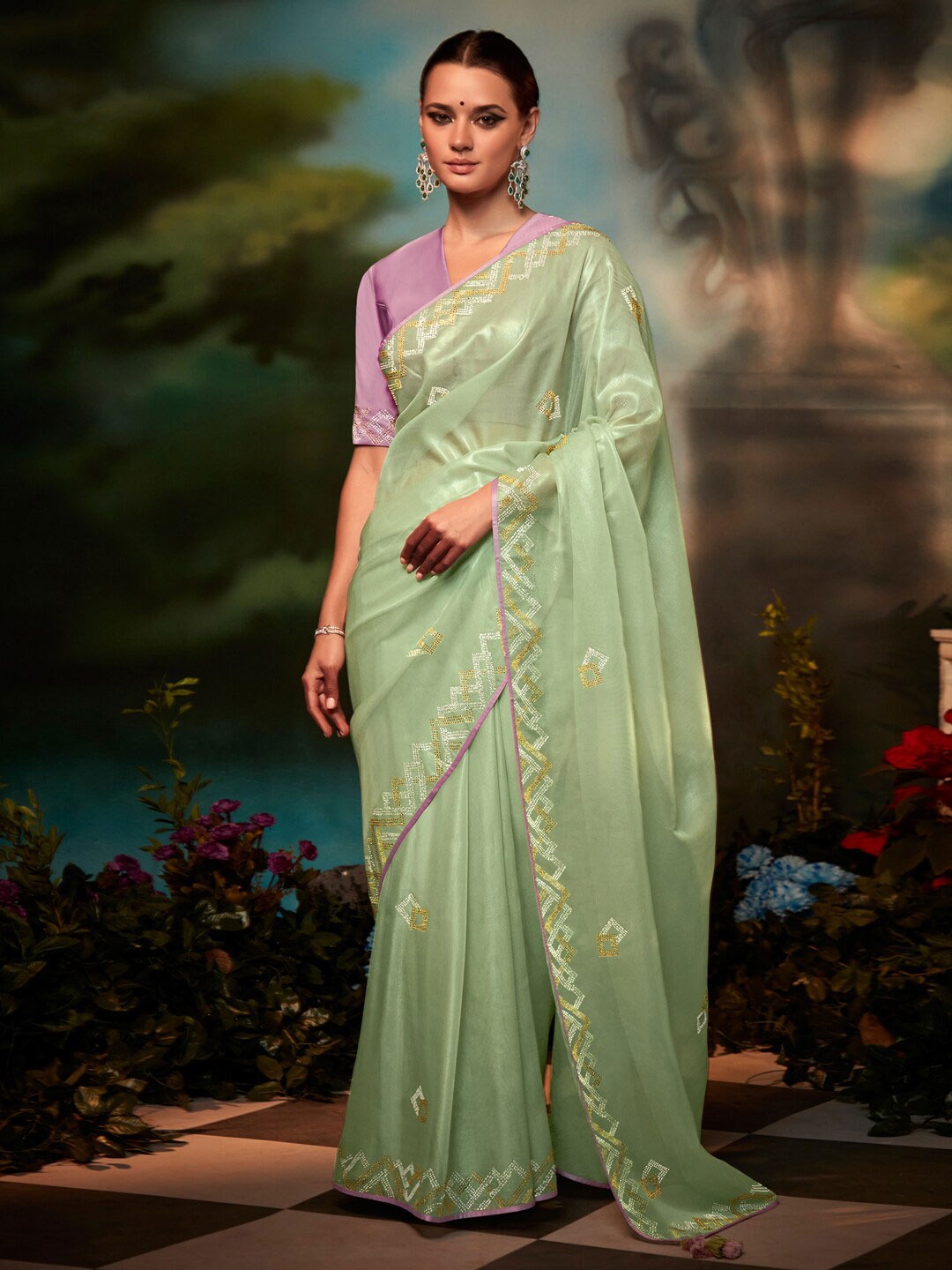 

Mitera Green & Pink Embellished Embroidered Organza Saree