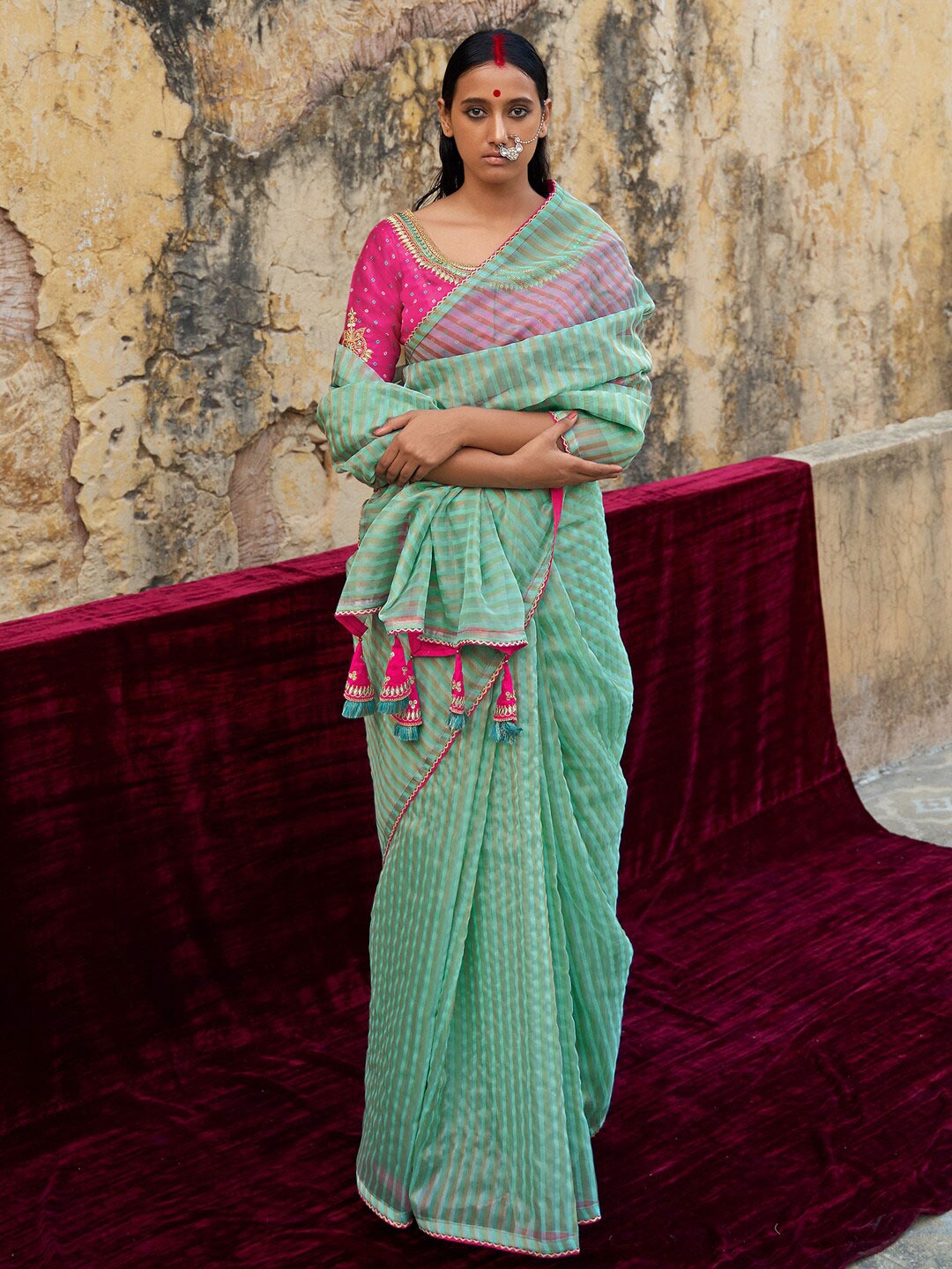 

Mitera Blue & Gold-Toned Striped Organza Saree