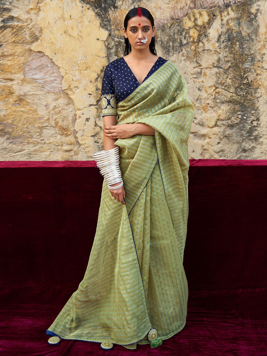 

Mitera Green & Gold-Toned Striped Organza Saree