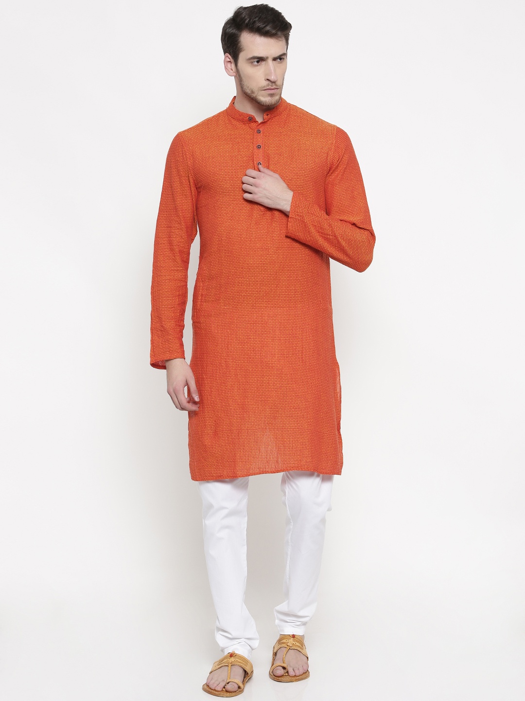 

Freehand Men Orange & White Self Design Kurta with Pyjamas
