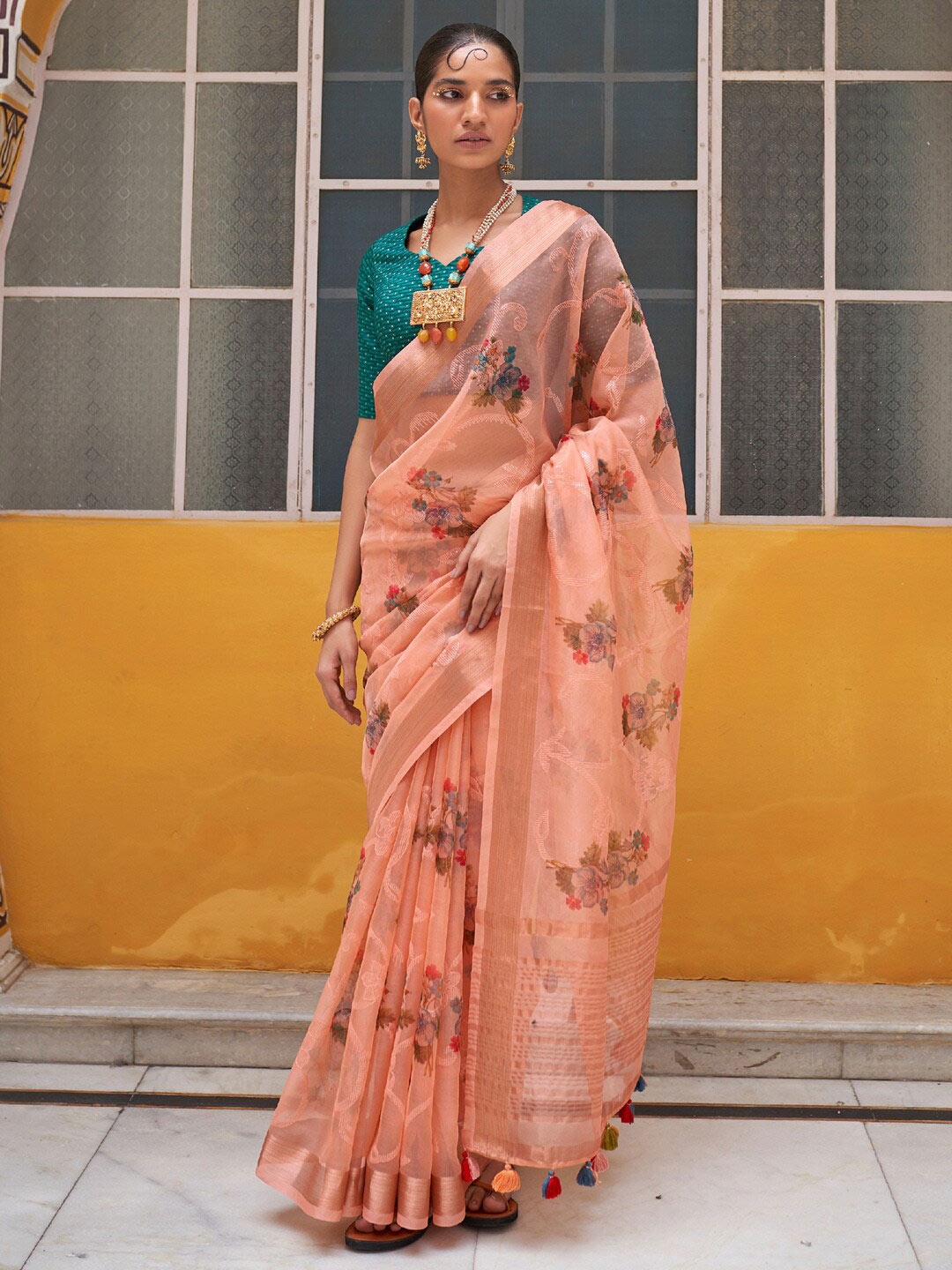 

Mitera Peach-Coloured & Green Floral Printed Zari Tissue Saree