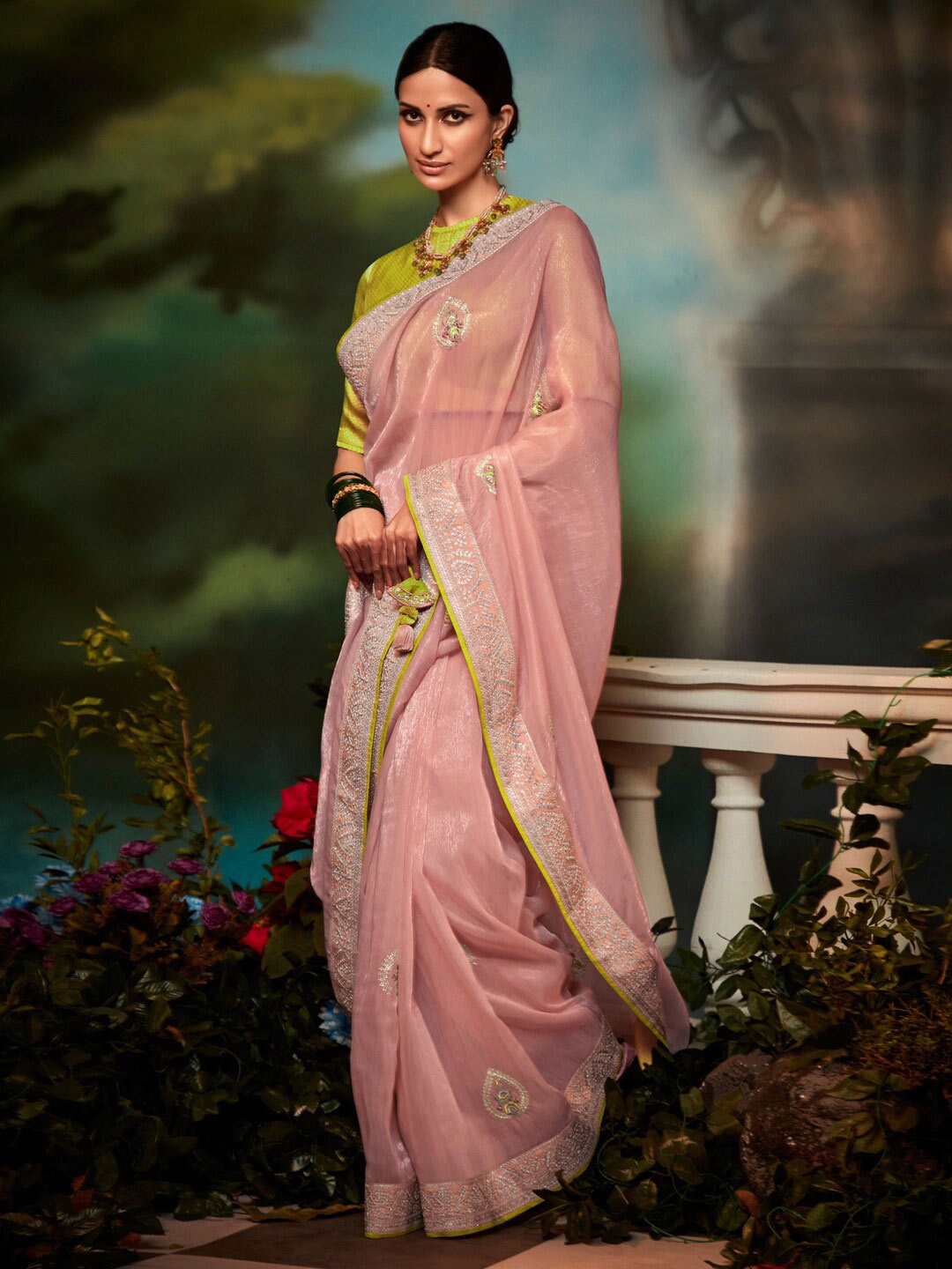 

Mitera Mauve & Green Embellished Embroidered Organza Saree