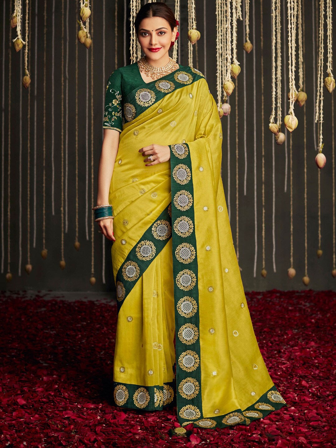 

Mitera Yellow & Green Embellished Beads and Stones Silk Blend Saree