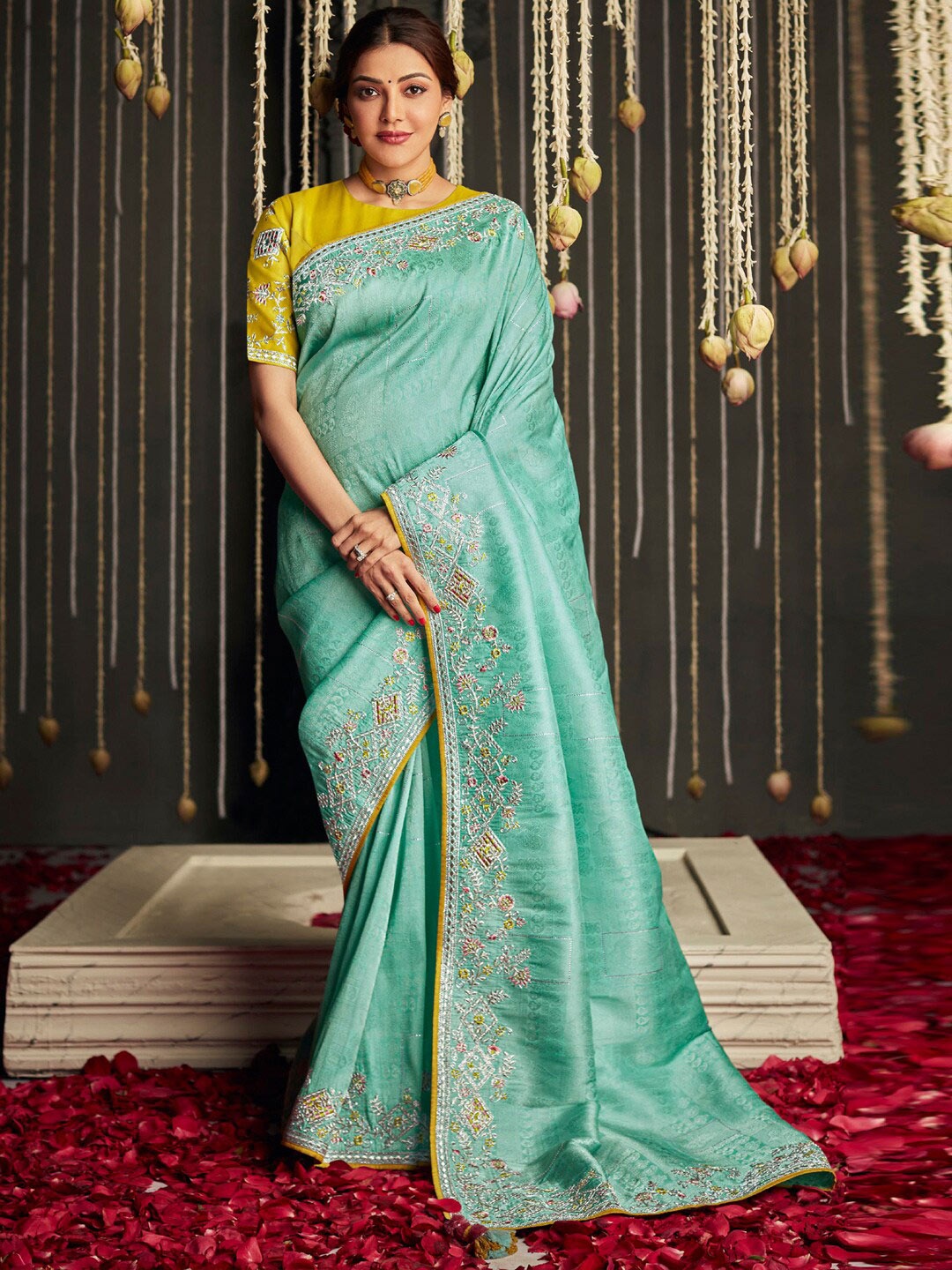 

Mitera Blue & Green Embellished Embroidered Silk Blend Saree