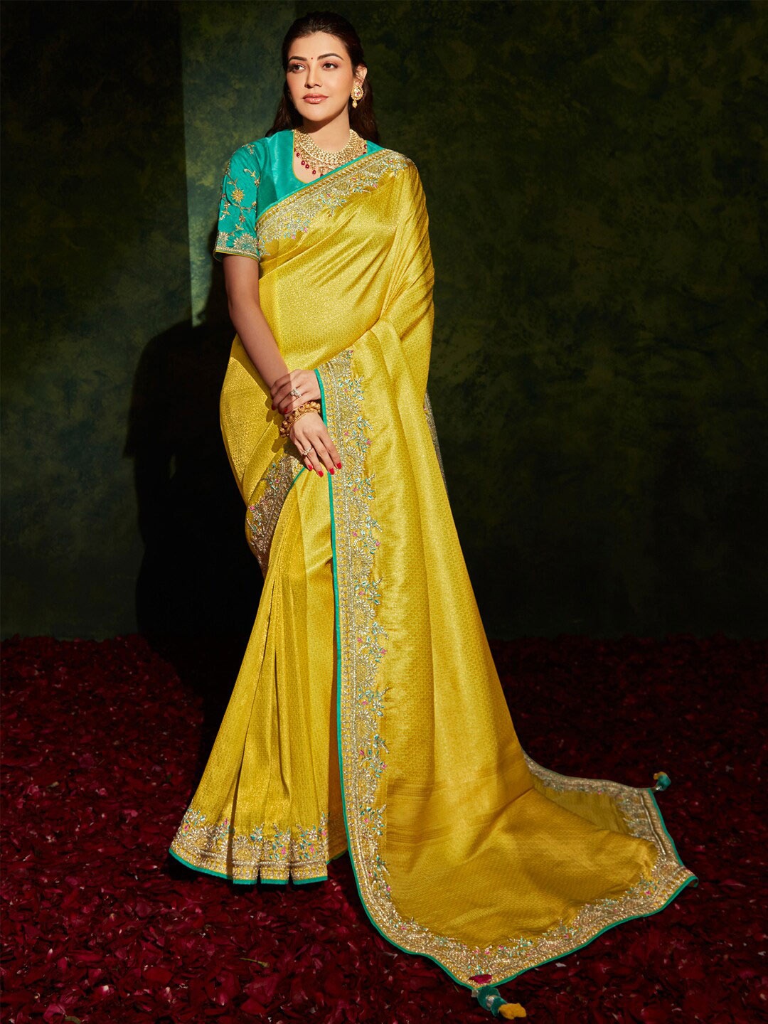 

Mitera Yellow & Blue Woven Design Beads and Stones Saree