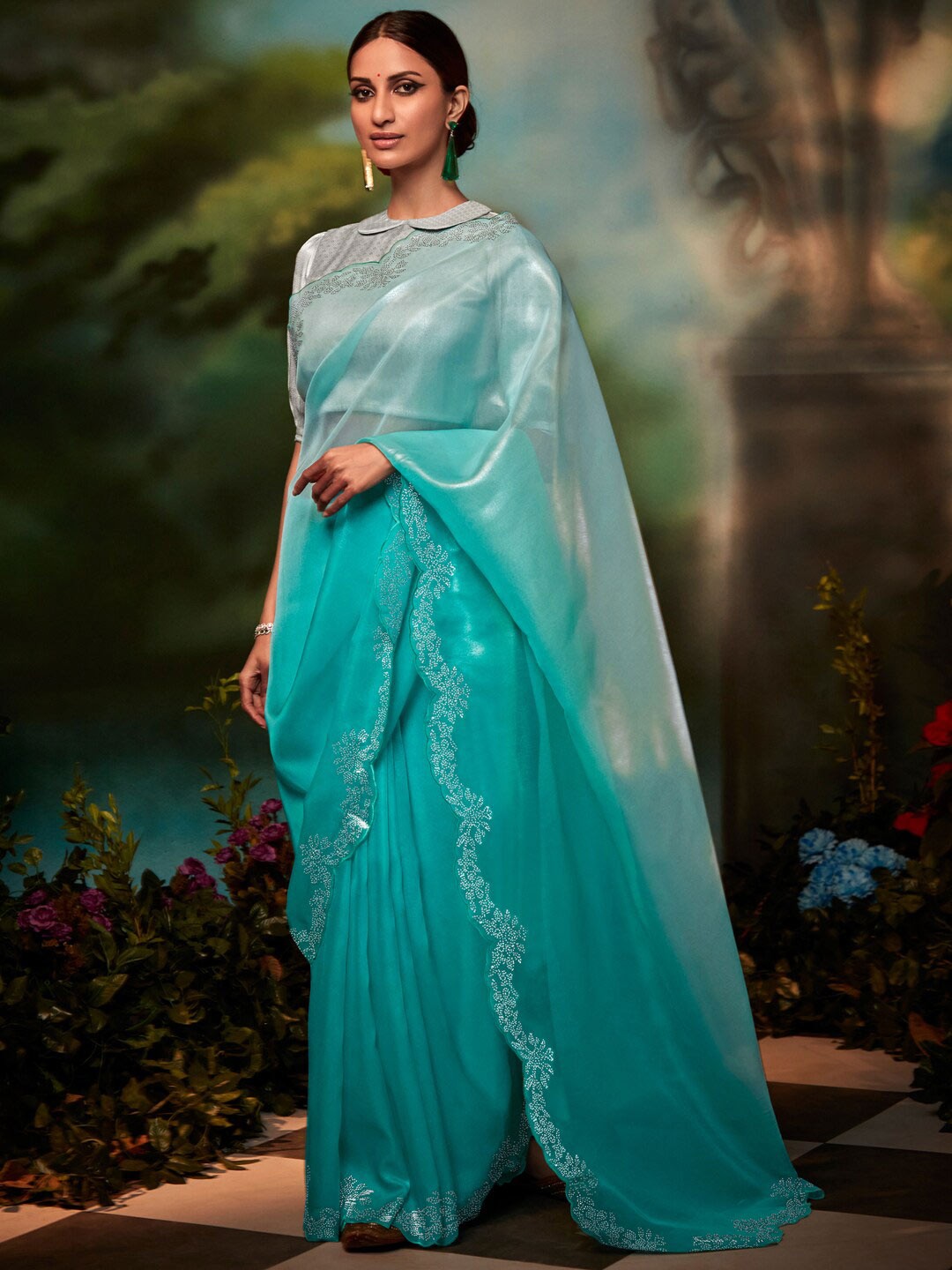 

Mitera Blue Embroidered Organza Saree