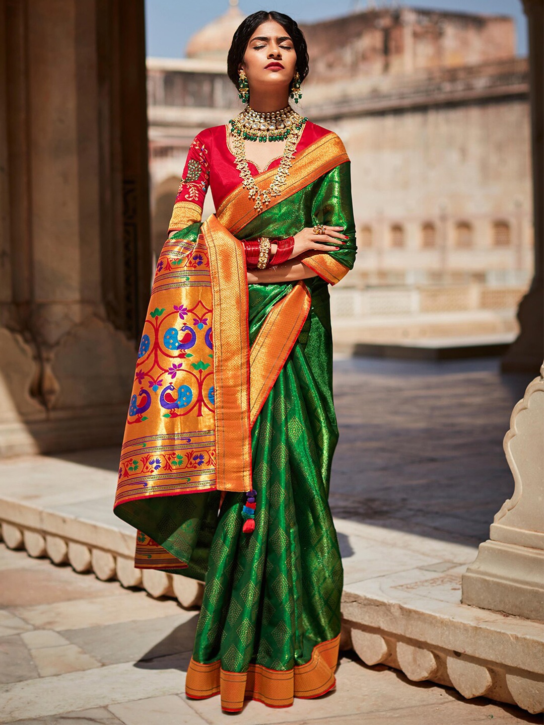 

Mitera Green & Red Ethnic Motifs Printed Zari Organza Banarasi Saree