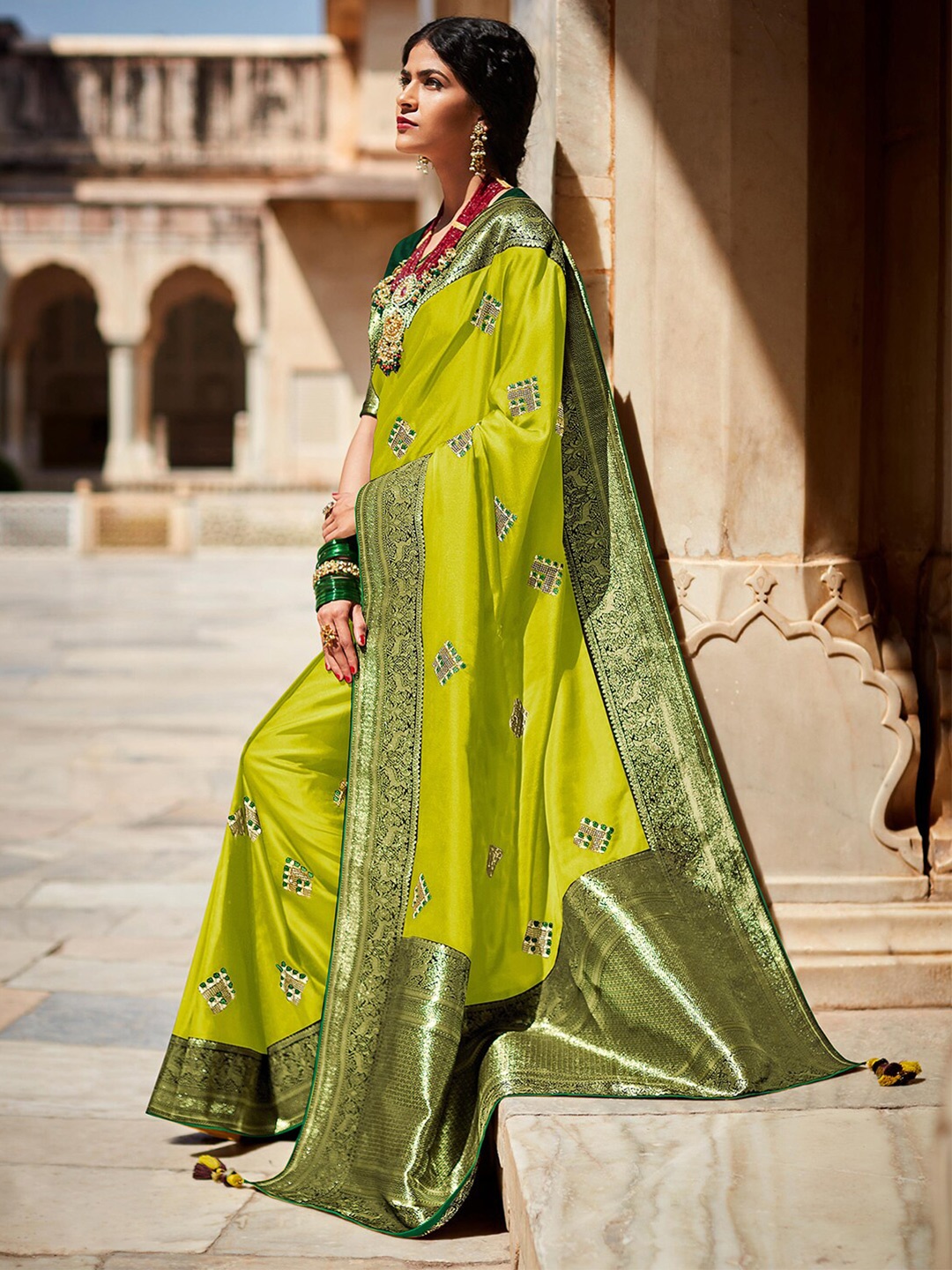 

Mitera Lime Green & Green Geometric Embellished Zari Silk Blend Banarasi Saree