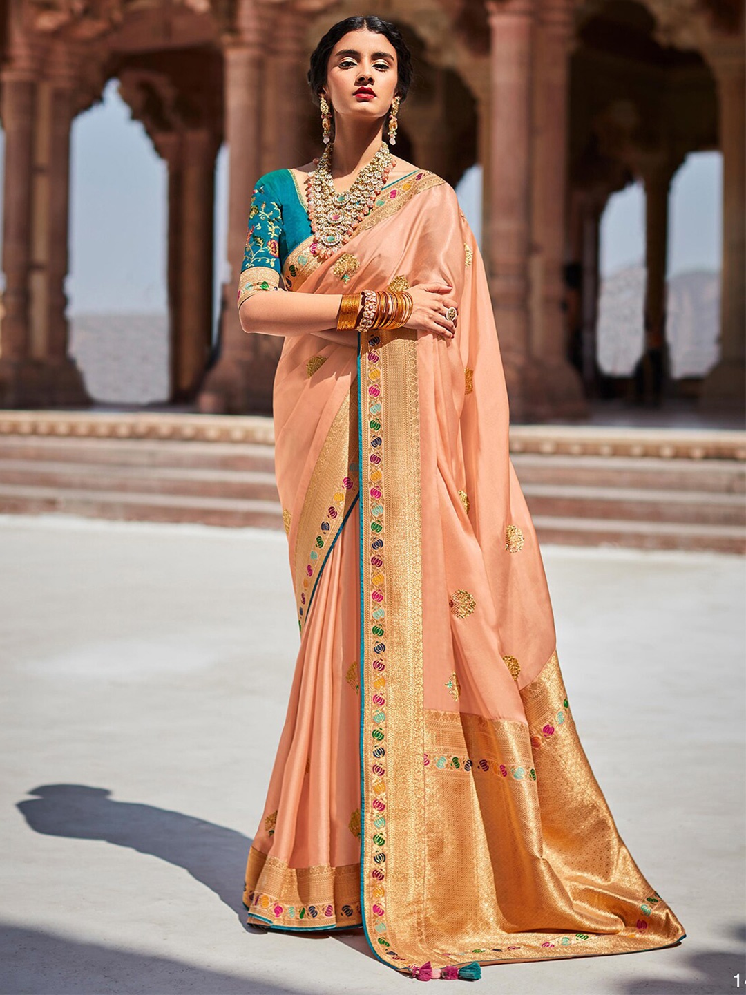 

Mitera Peach-Coloured & Green Floral Embroidered Pure Georgette Saree