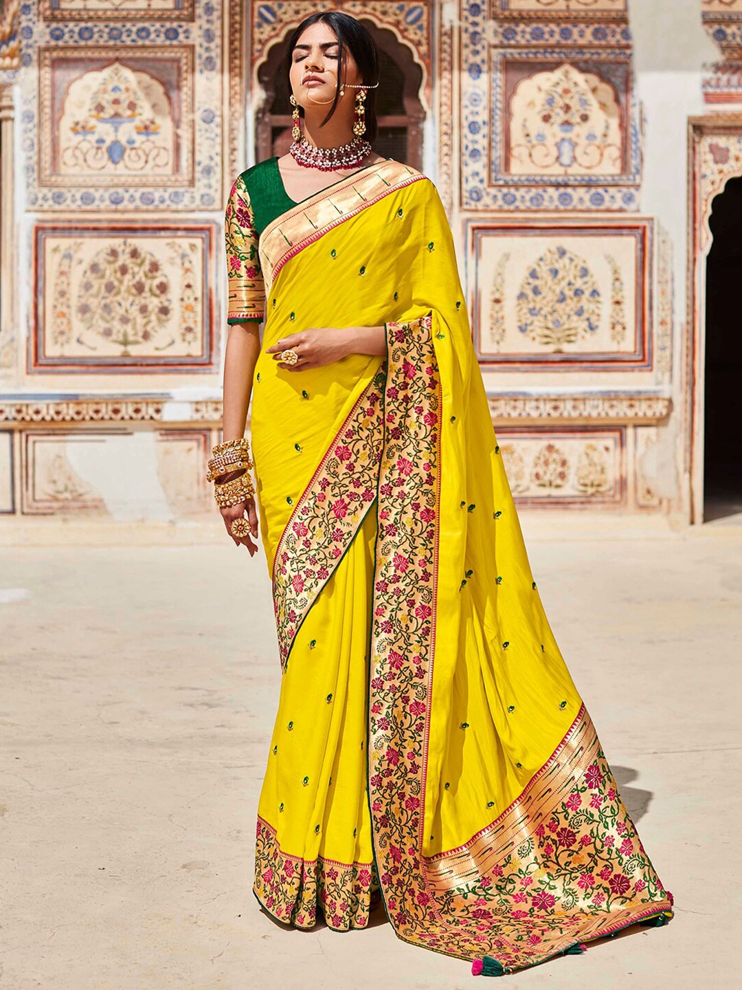 

Mitera Yellow & Green Woven Design Zari Banarasi Saree