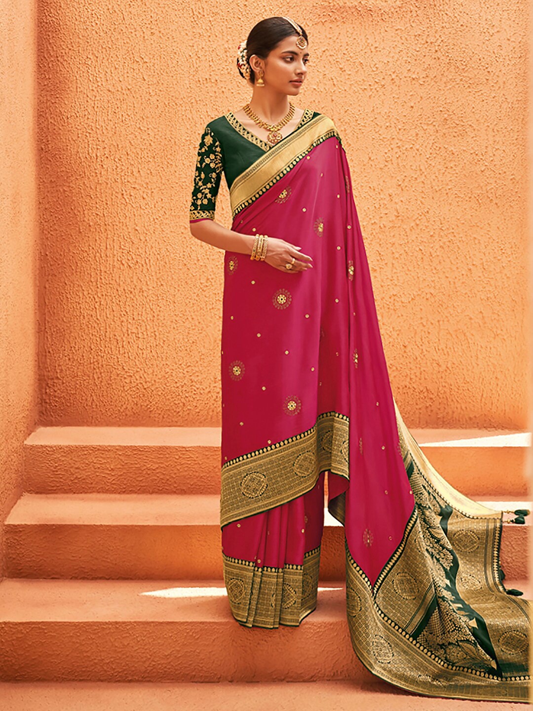 

Mitera Pink & Green Ethnic Motifs Zari Silk Blend Banarasi Saree