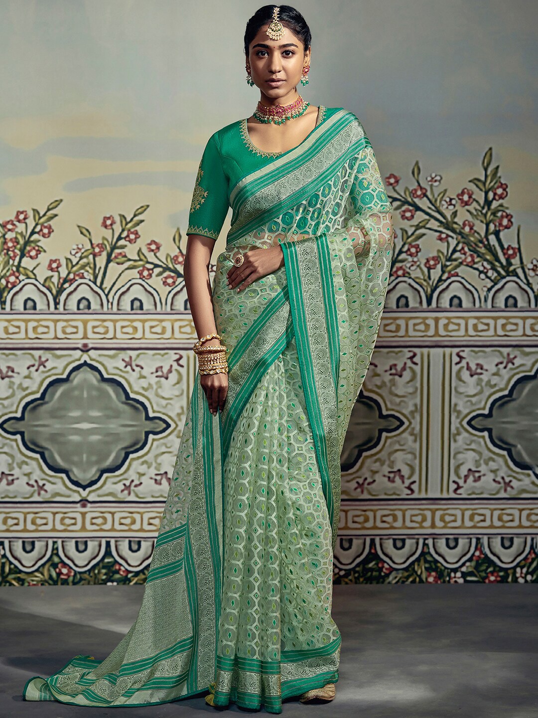 

Mitera Sea Green Embroidered Brasso Chanderi Saree