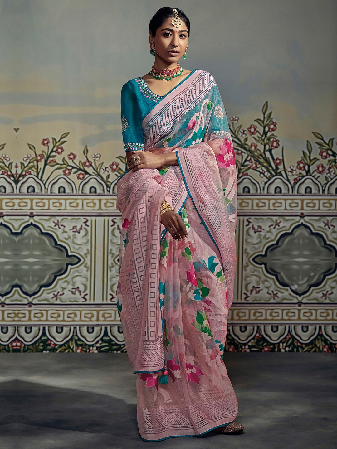 

Mitera Pink & Blue Woven Design Brasso Chanderi Saree