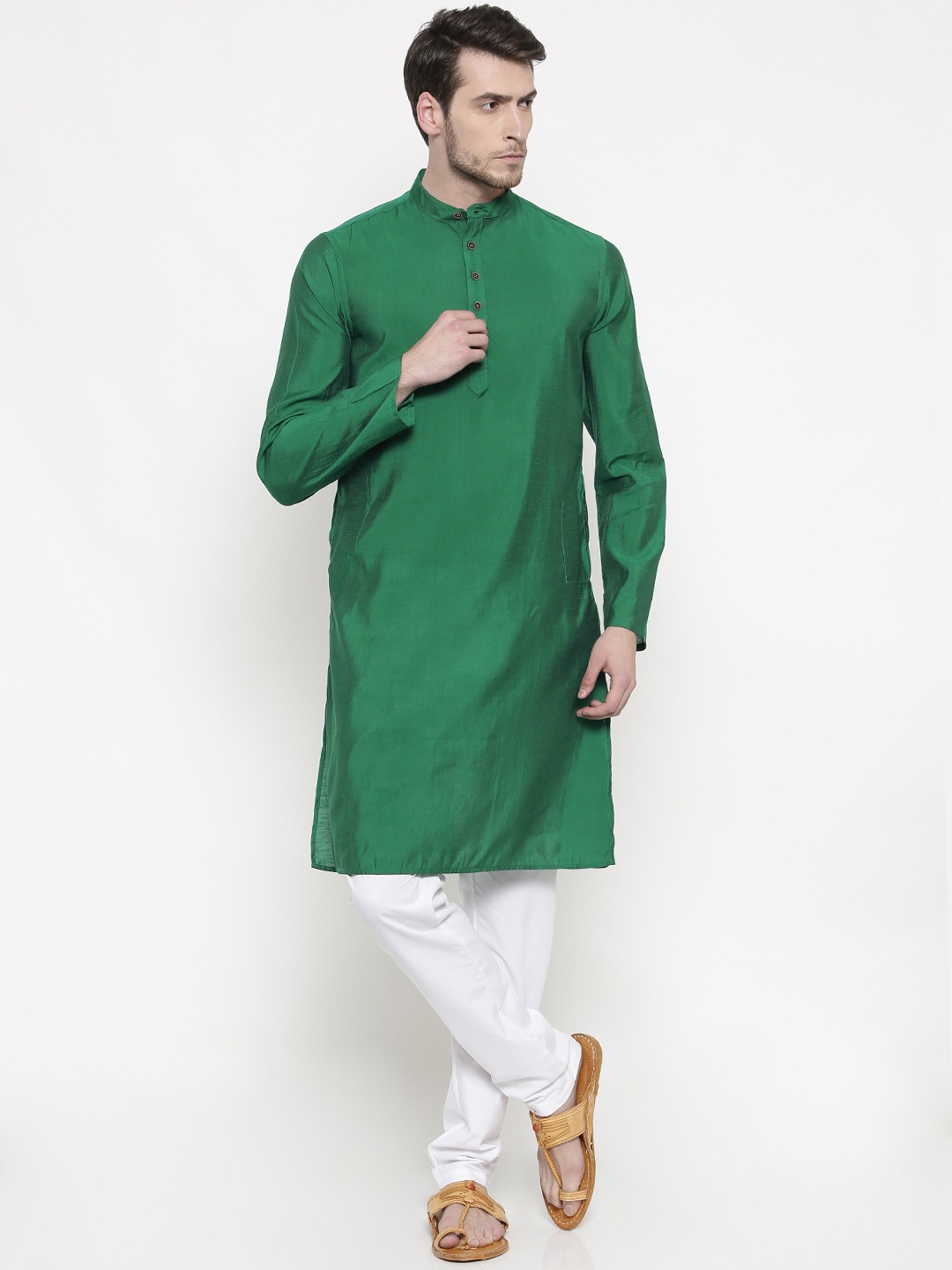 

Freehand Men Green & White Solid Kurta with Pyjamas