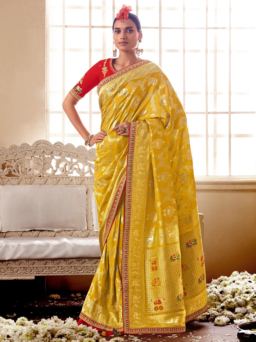 

Mitera Yellow & Red Ethnic Motifs Woven Design Embroidered Silk Blend Banarasi Saree