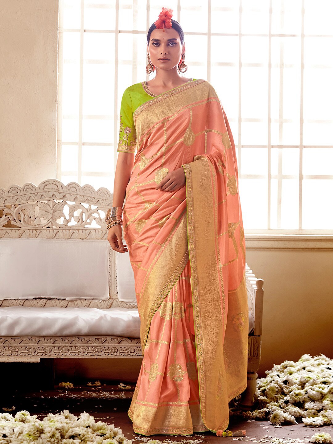 

Mitera Peach-Coloured & Green Woven Design Zari Banarasi Saree