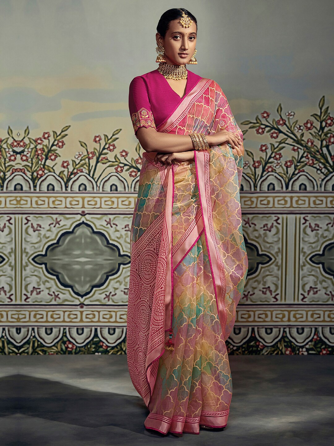 

Mitera Pink & Blue Brasso Chanderi Saree