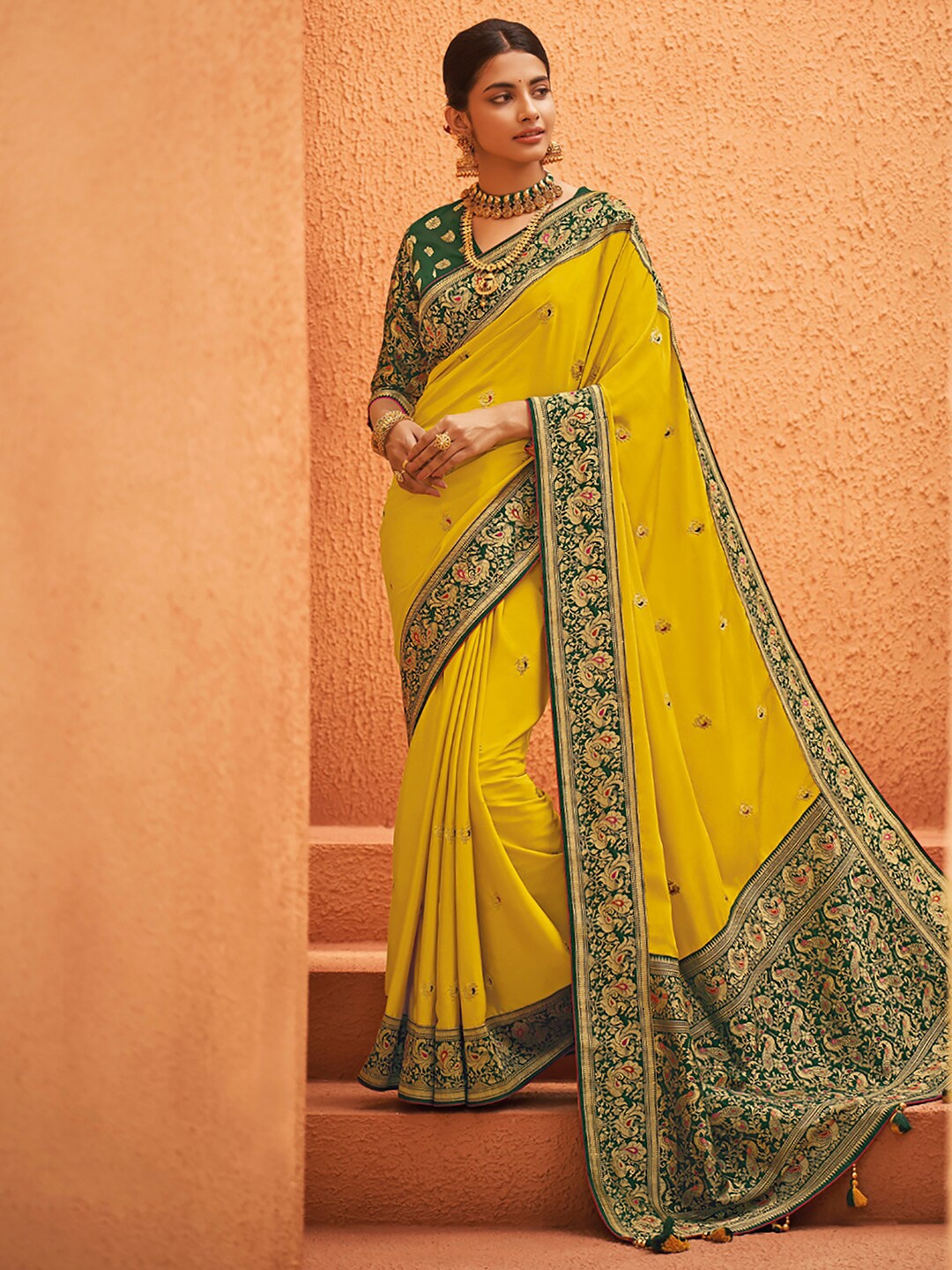 

Mitera Yellow & Green Ethnic Motifs Woven Design Zari Silk Blend Banarasi Saree