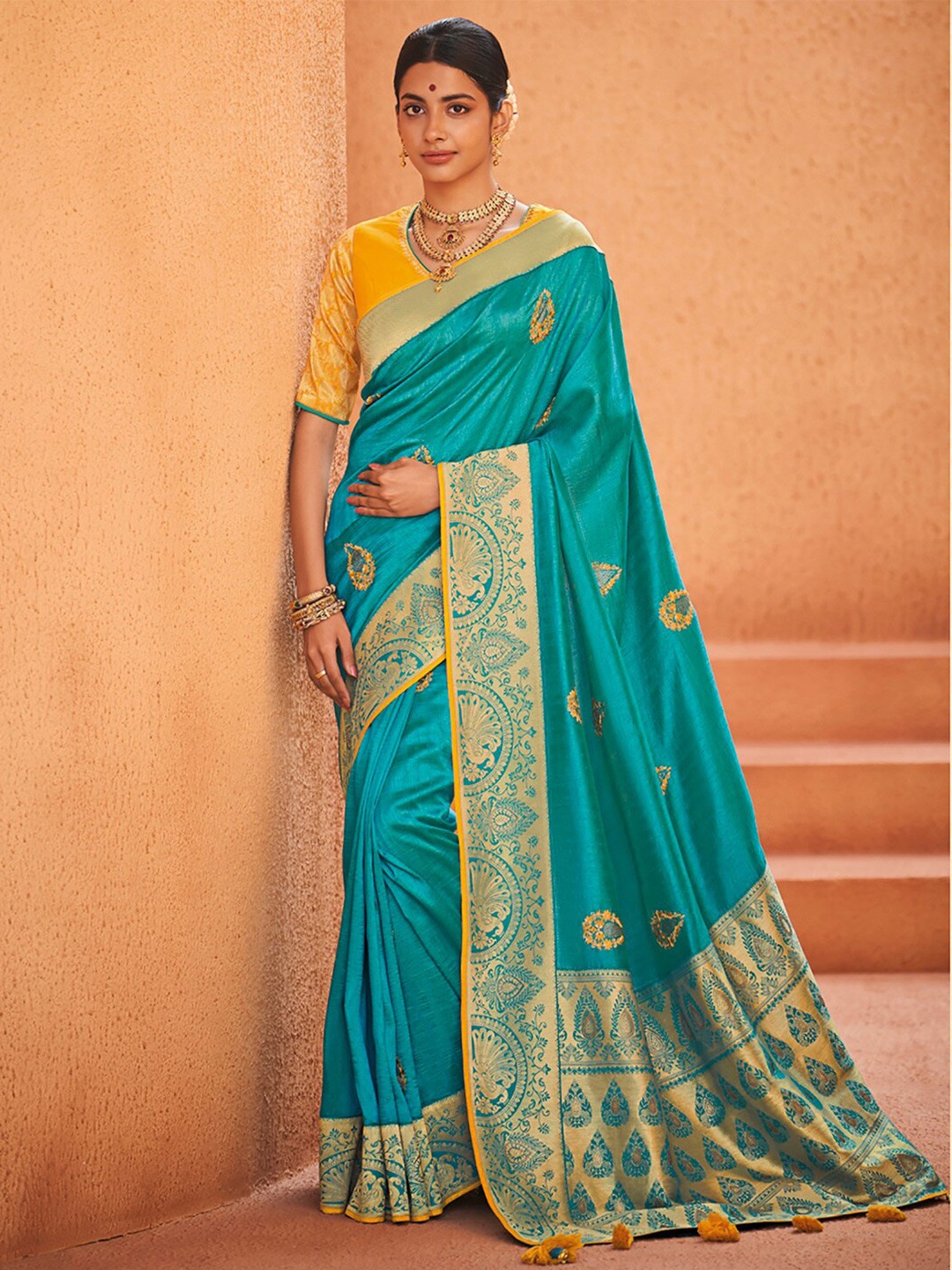 

Mitera Blue & Yellow Woven Design Zari Banarasi Saree