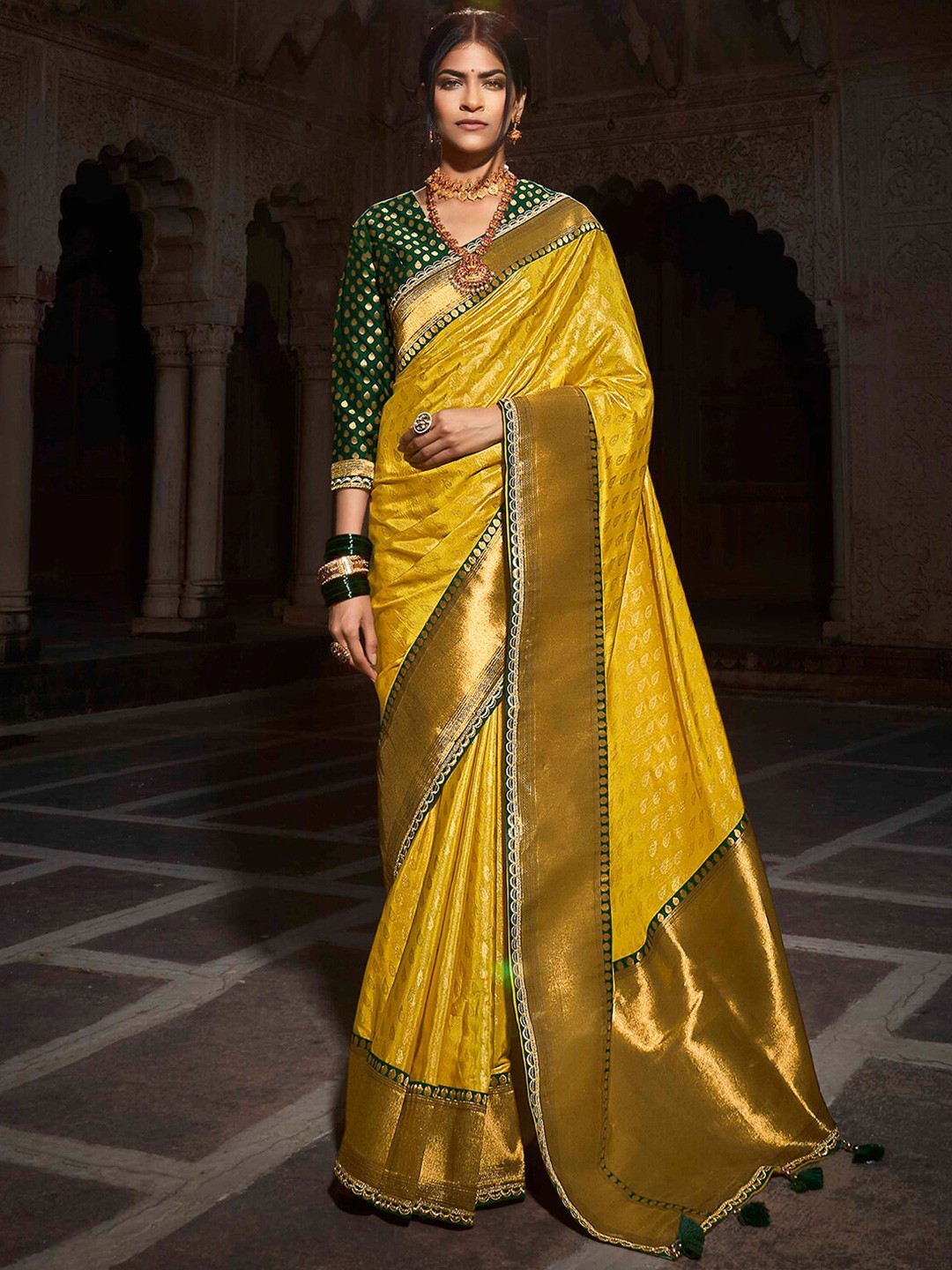

Mitera Yellow & Green Ethnic Motifs Woven Design Zari Silk Blend Banarasi Saree