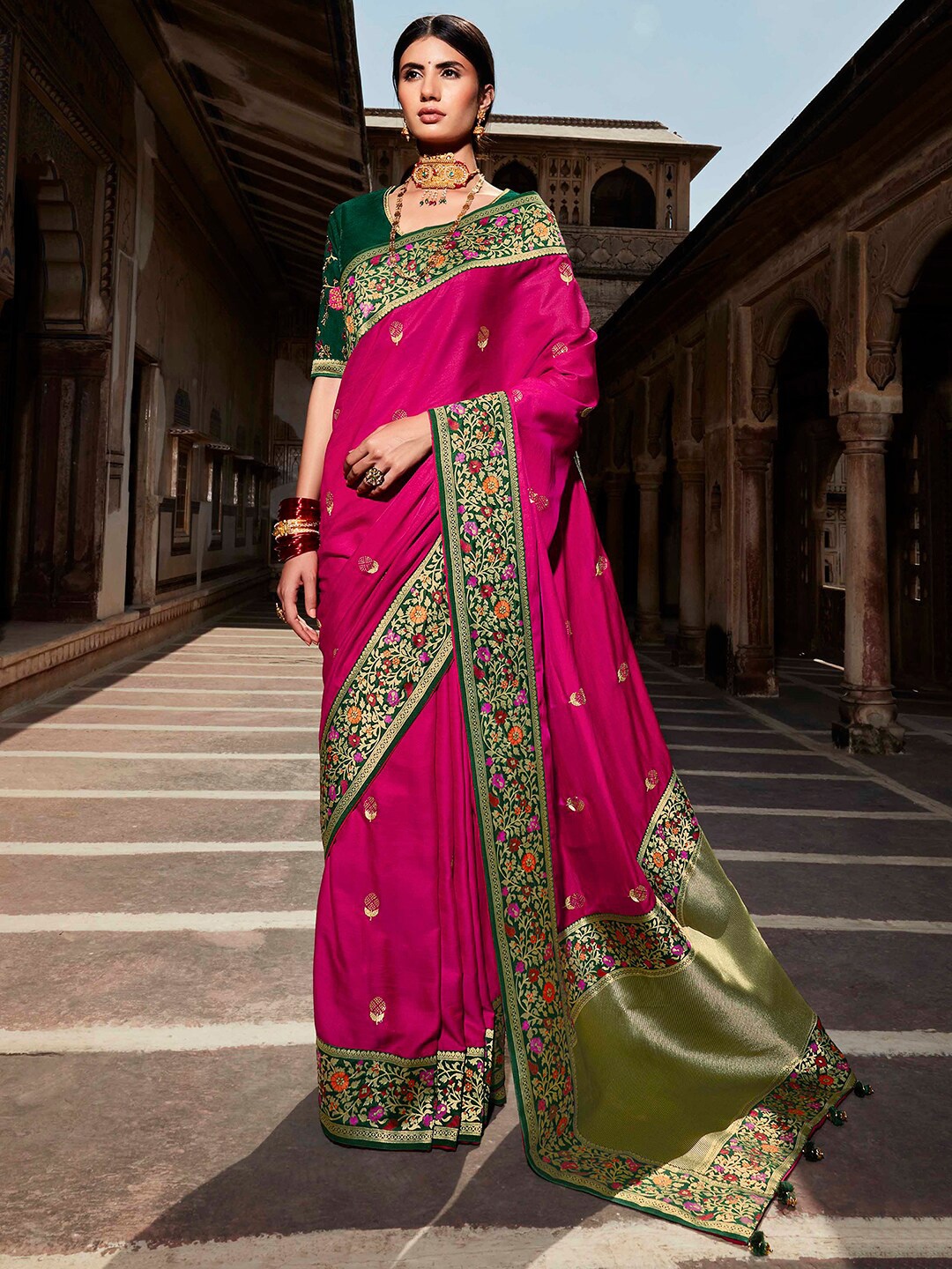 

Mitera Pink & Green Floral Printed Embroidered Silk Blend Banarasi Saree